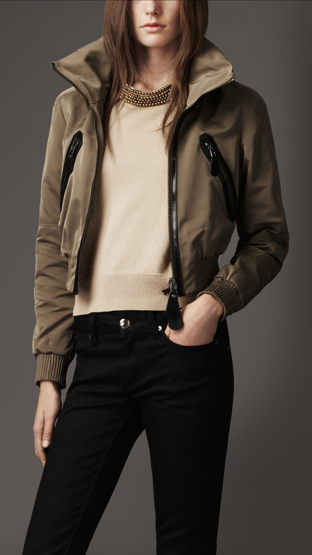 Burberry Cropped Satin Bomber Jacket in Brown | Lyst