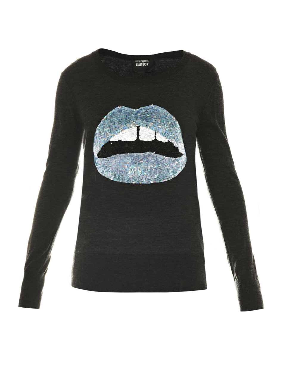Markus Lupfer Sequin Lips Sweater in Gray (grey) | Lyst