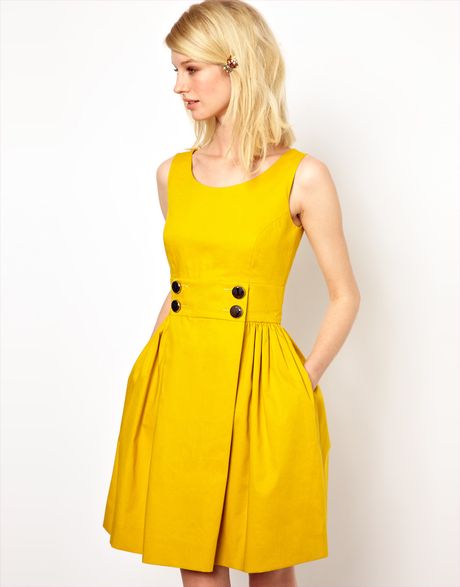 Orla Kiely Sleeveless Sailor Dress with Anchor Buttons in Yellow ...