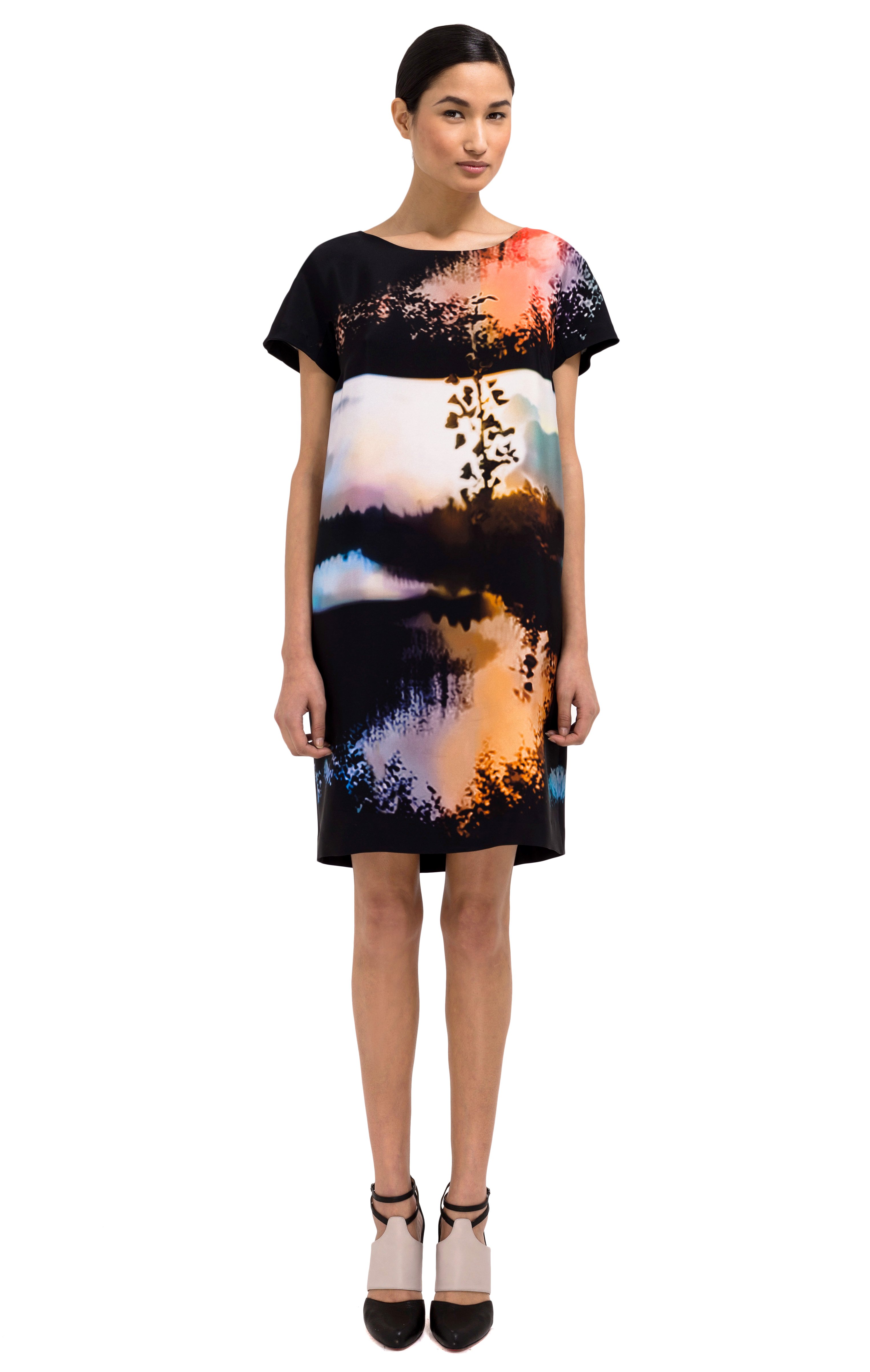 Mary Katrantzou Woodstock Sunset Short Sleeve Shift Dress in Black ...