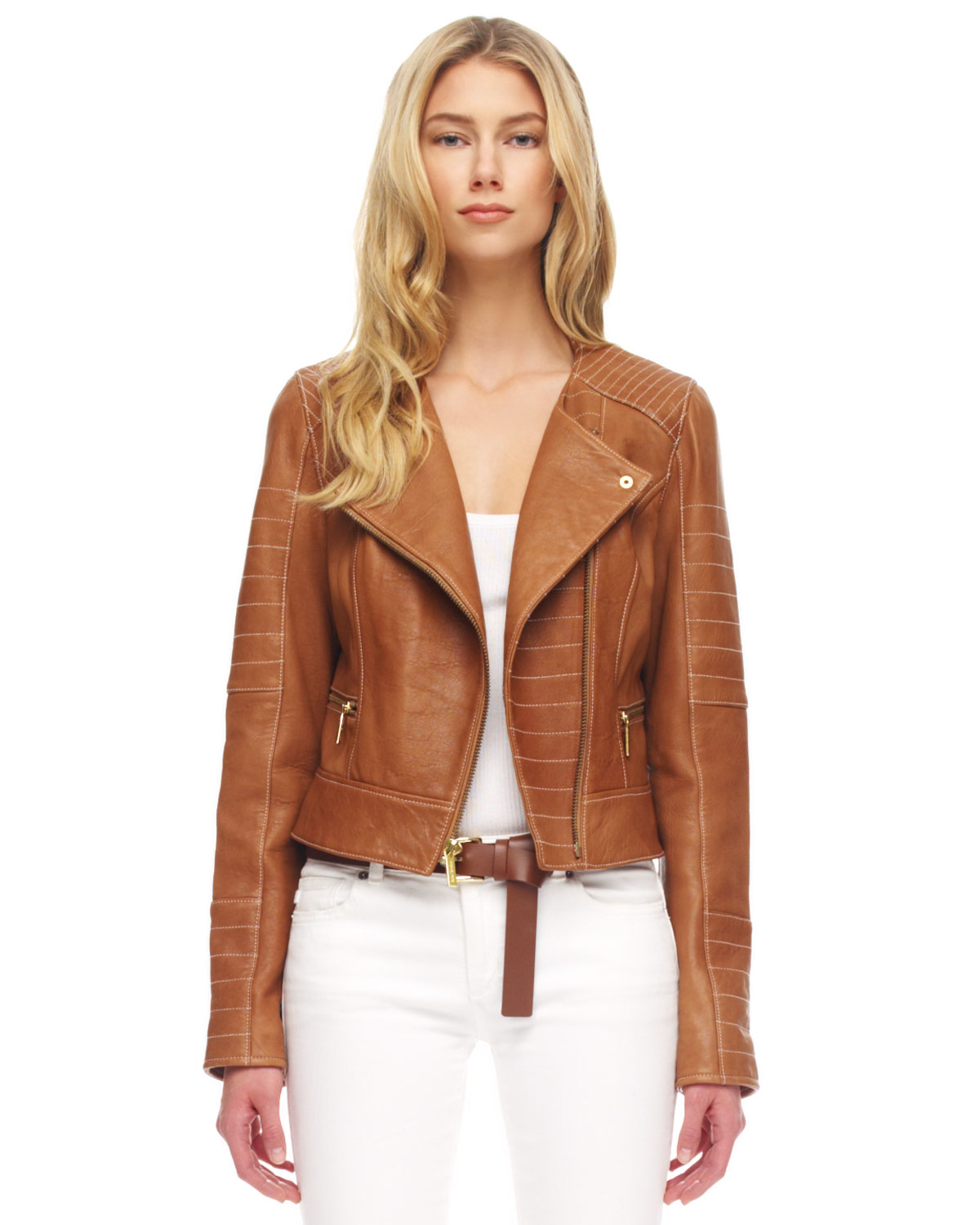 Lyst Michael Kors Quilted Leather Biker Jacket In Brown Gallery