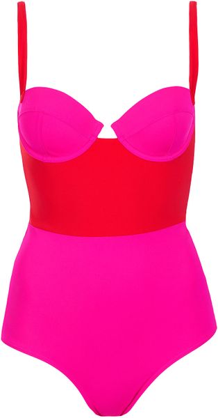 Topshop Red and Pink Colour Block Swimsuit in Pink (red) | Lyst