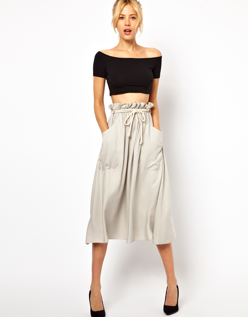 Lyst - Asos Collection Midi Skirt with Tie Waist in Gray