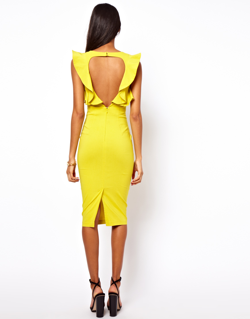 Lyst - Asos Pencil Dress with Ruffle Sleeve in Yellow
