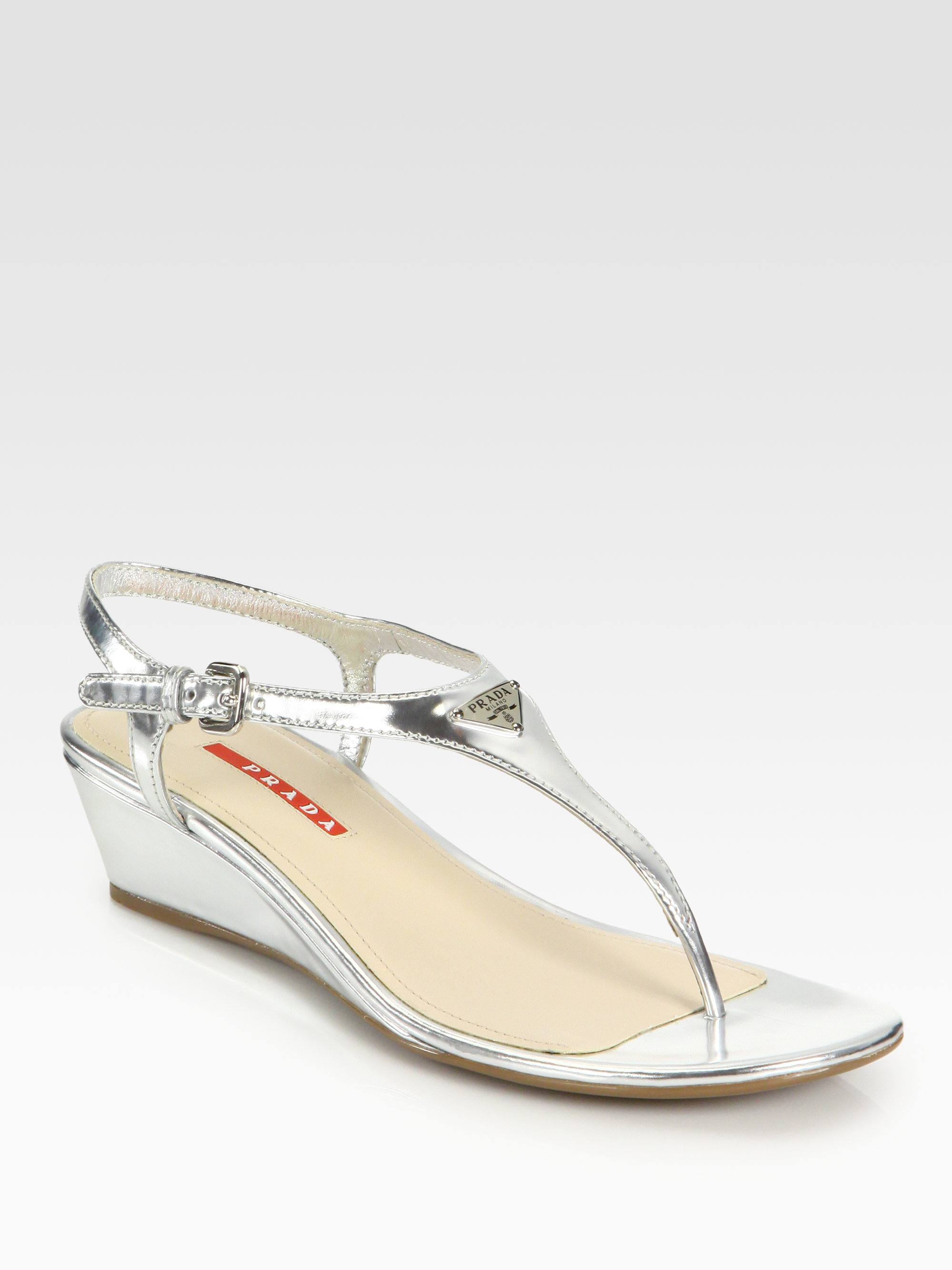 Lyst - Prada Patent Leather Thong Wedge Sandals in Metallic