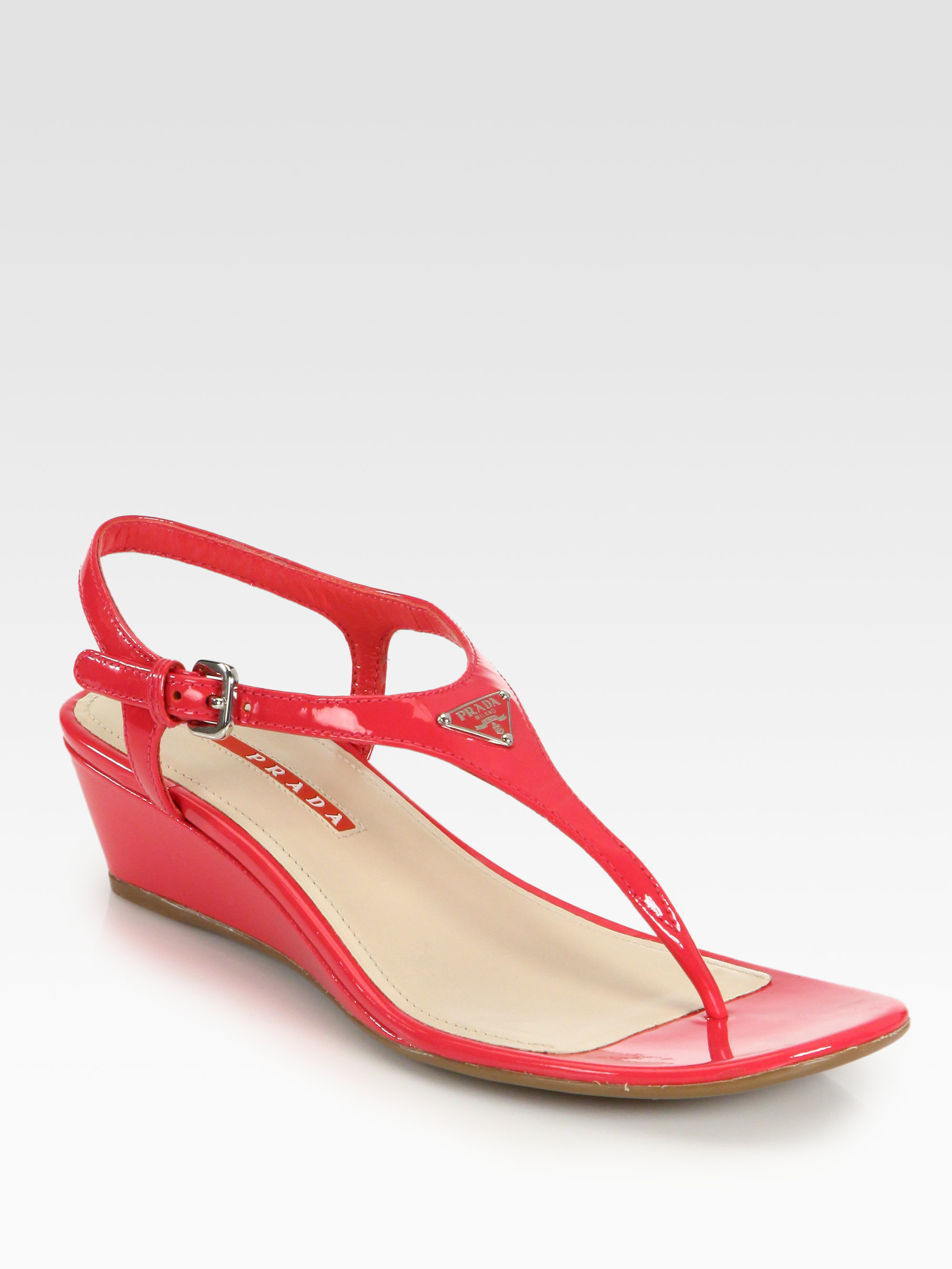 Prada Patent Leather Thong Wedge Sandals in Red (fuxia-fuchsia) | Lyst  