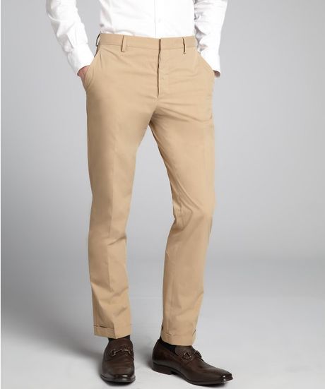 Prada Khaki Cotton Blend Flat Front Cuffed Pants in Khaki for Men | Lyst