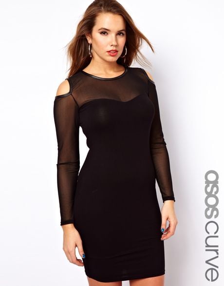 Asos Curve Body-Conscious Dress with Mesh Cold Shoulder in Black | Lyst