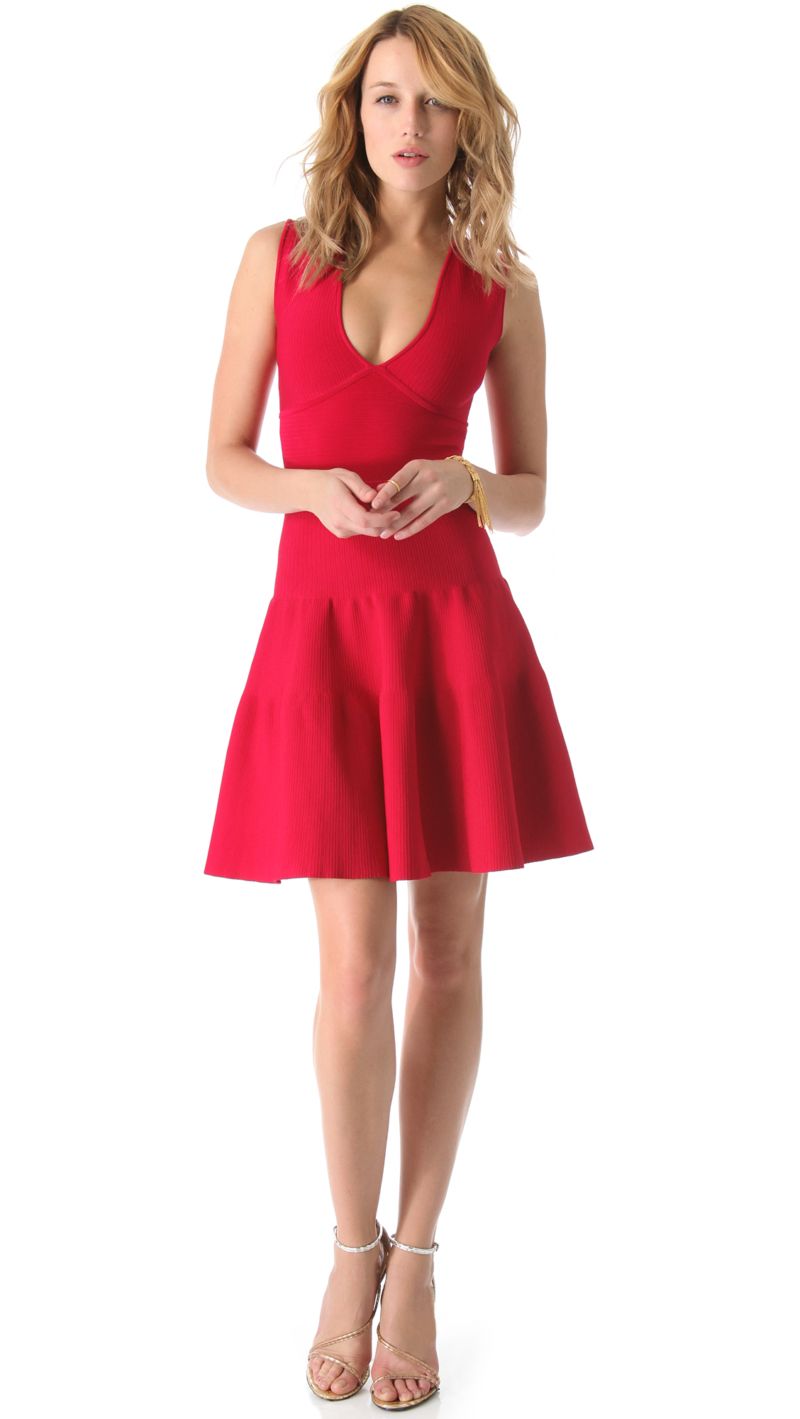 Issa Ribbed V Neck Flirty Dress in Red | Lyst