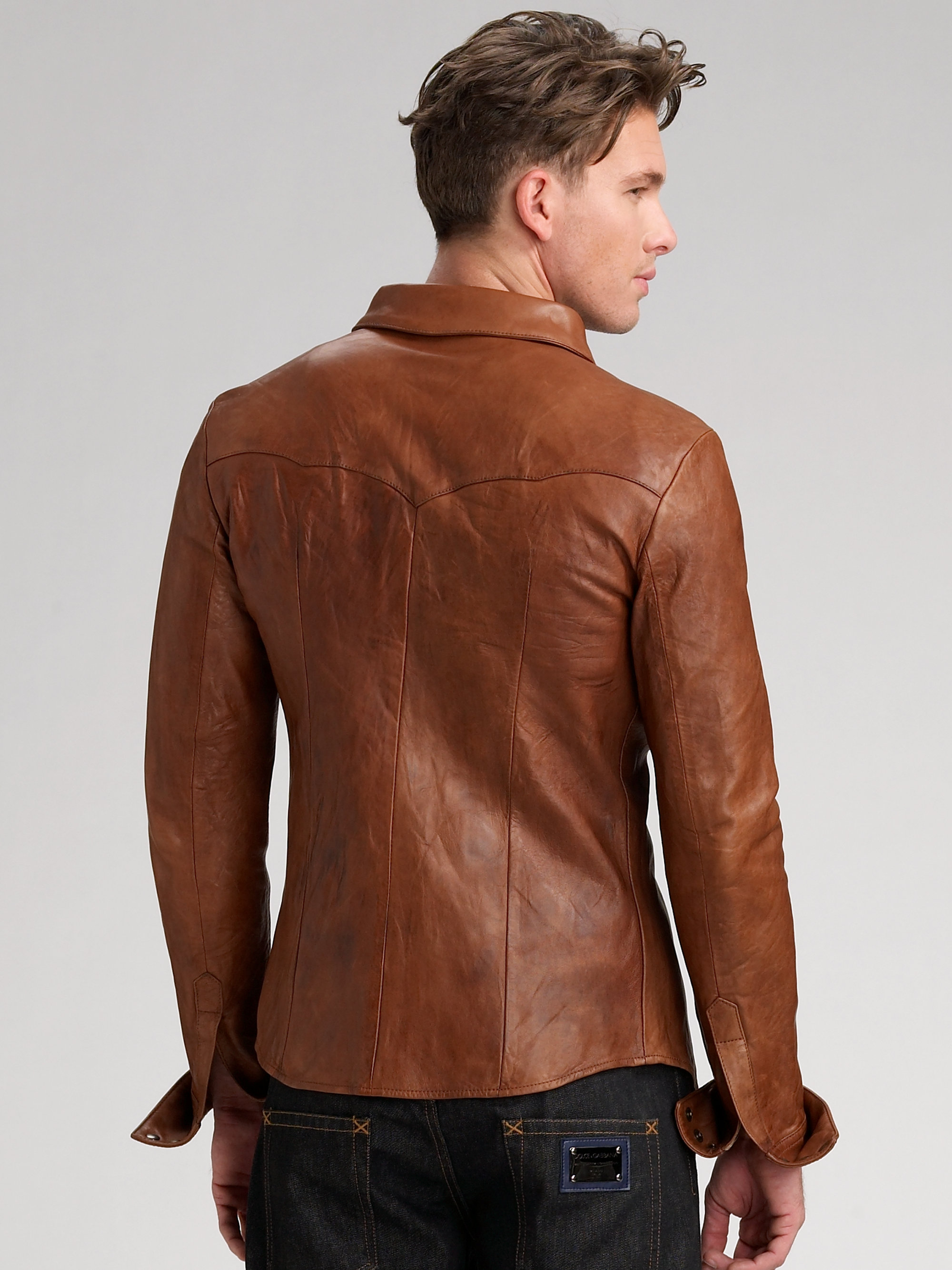 Lyst Dolce Gabbana Leather Shirt In Brown For Men Gallery