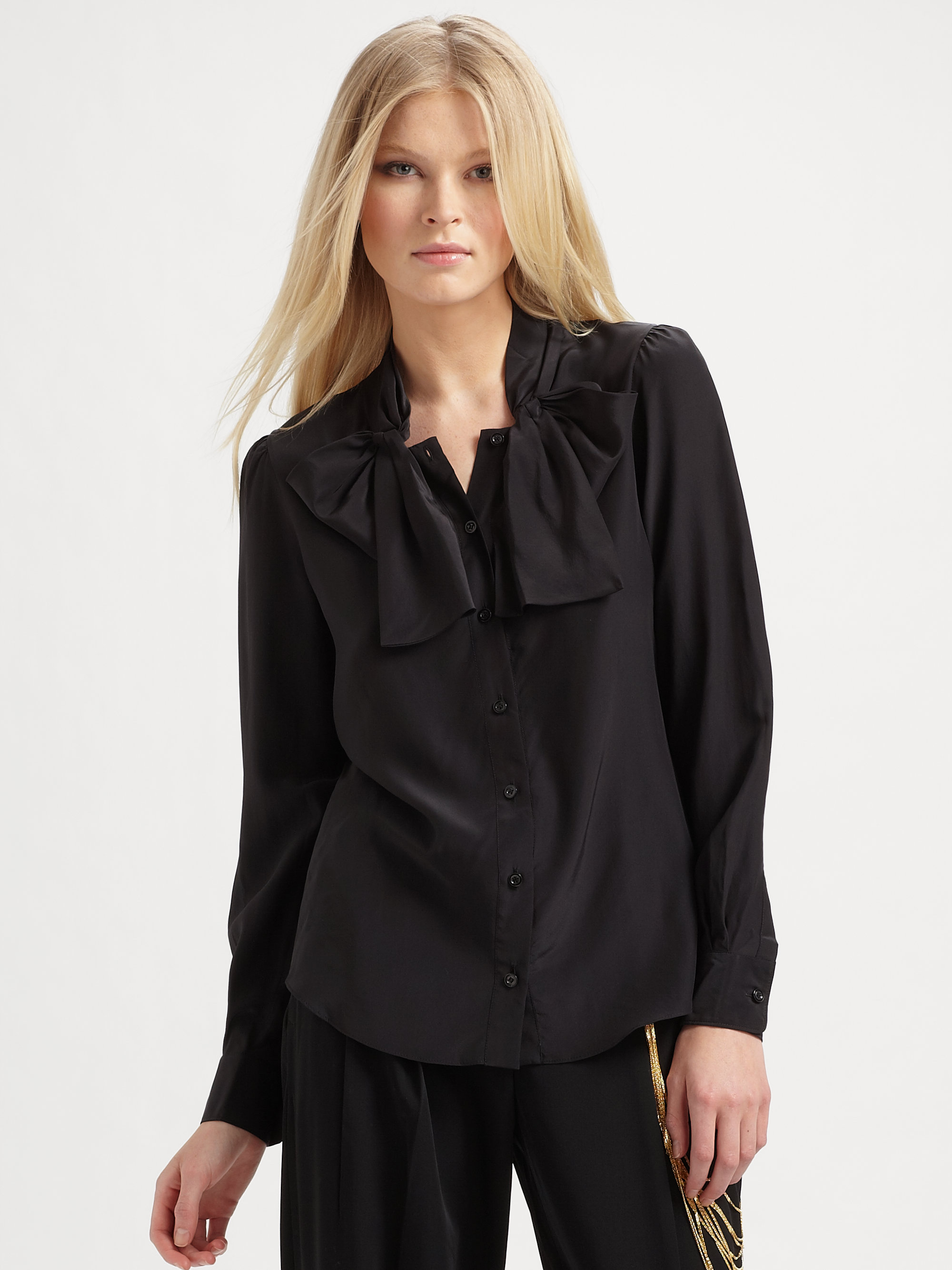 Moschino Silk Bow Neck Blouse in Black | Lyst