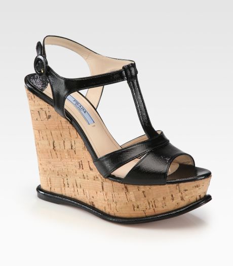 Prada Saffiano Patent Leather Platform Cork Wedge Sandals in Black ...