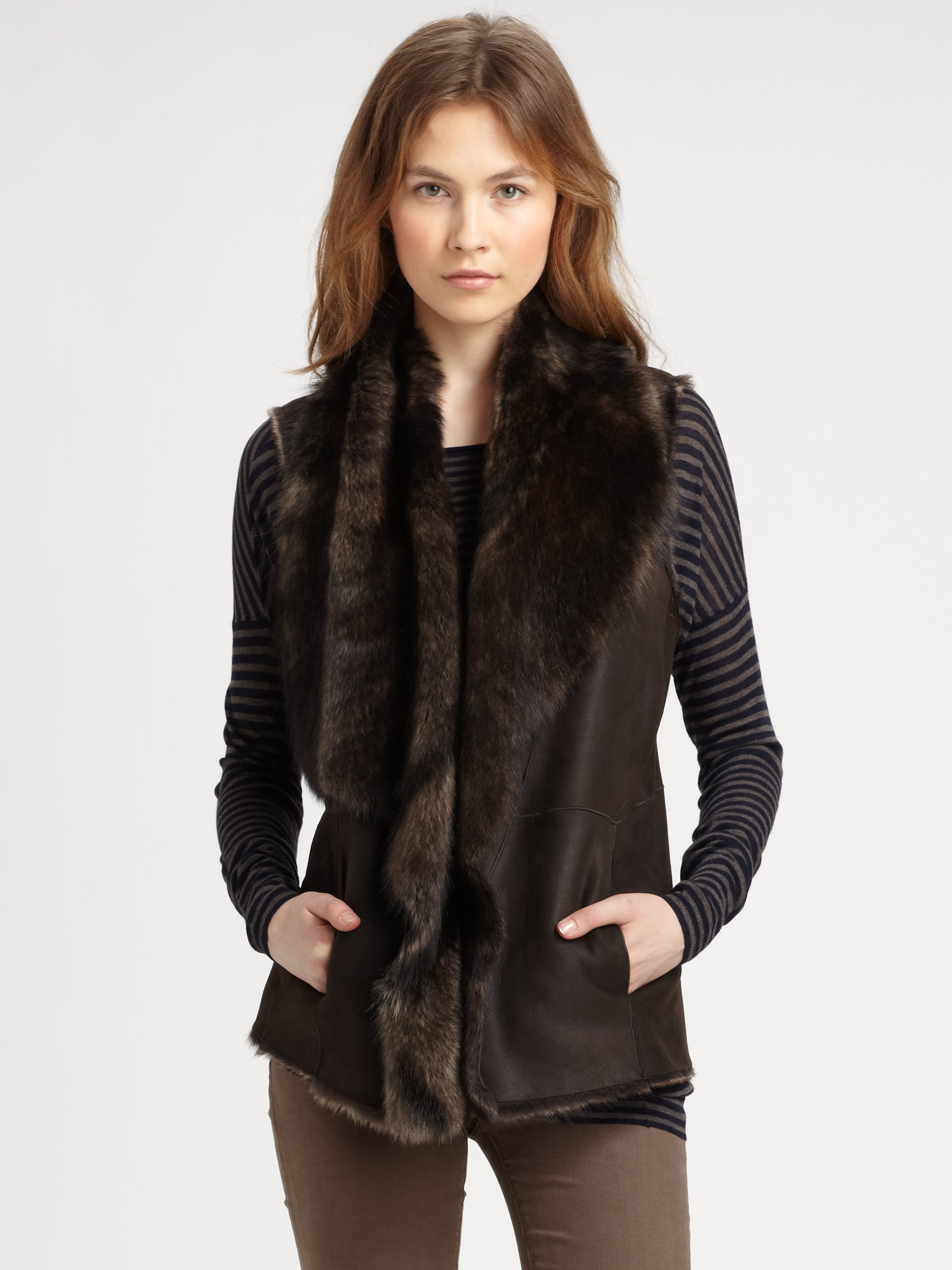 Lyst Vince Draped Fur Vest in Brown