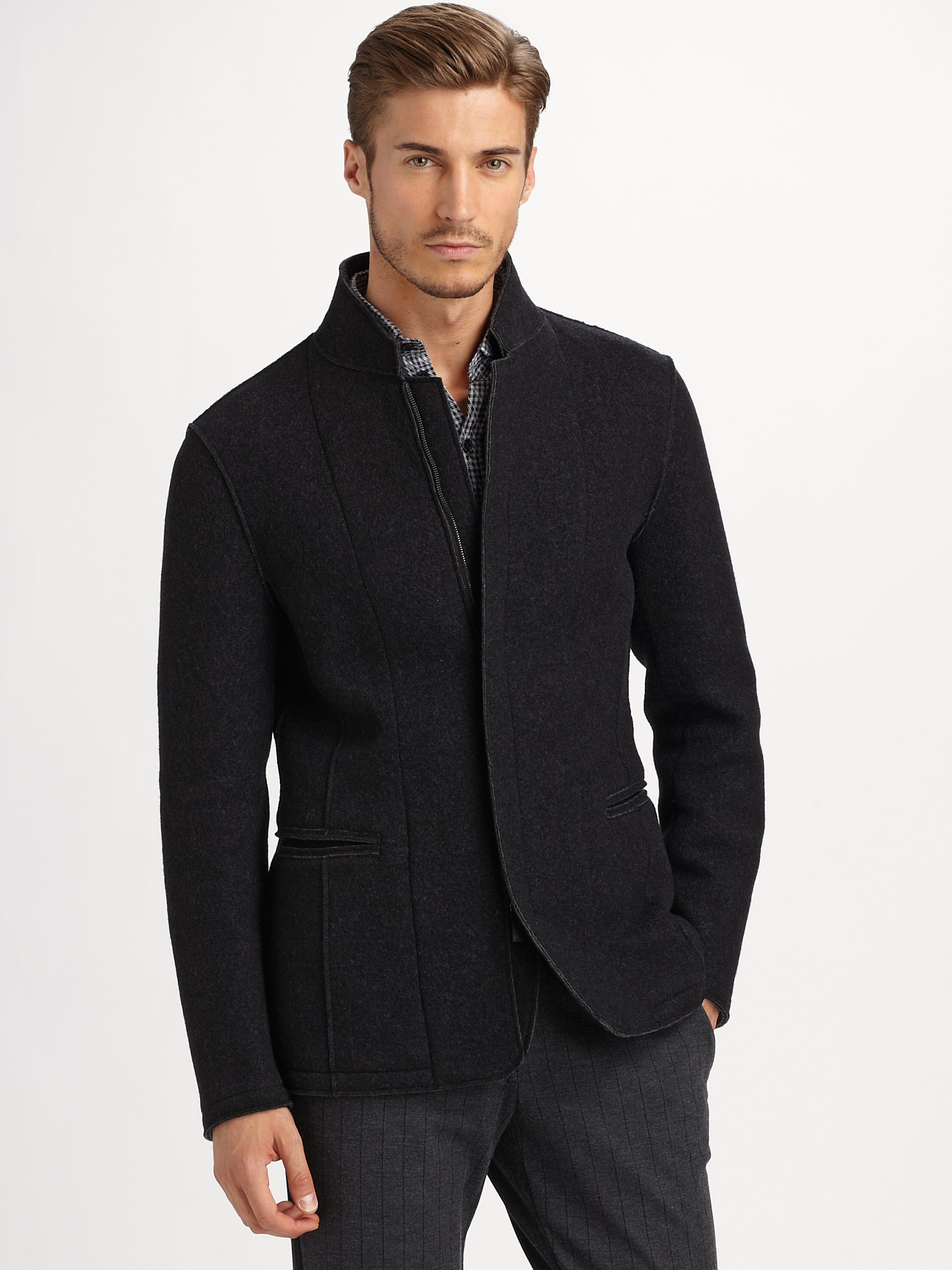 Armani Boiled Wool Blend Jacket in Black for Men Lyst