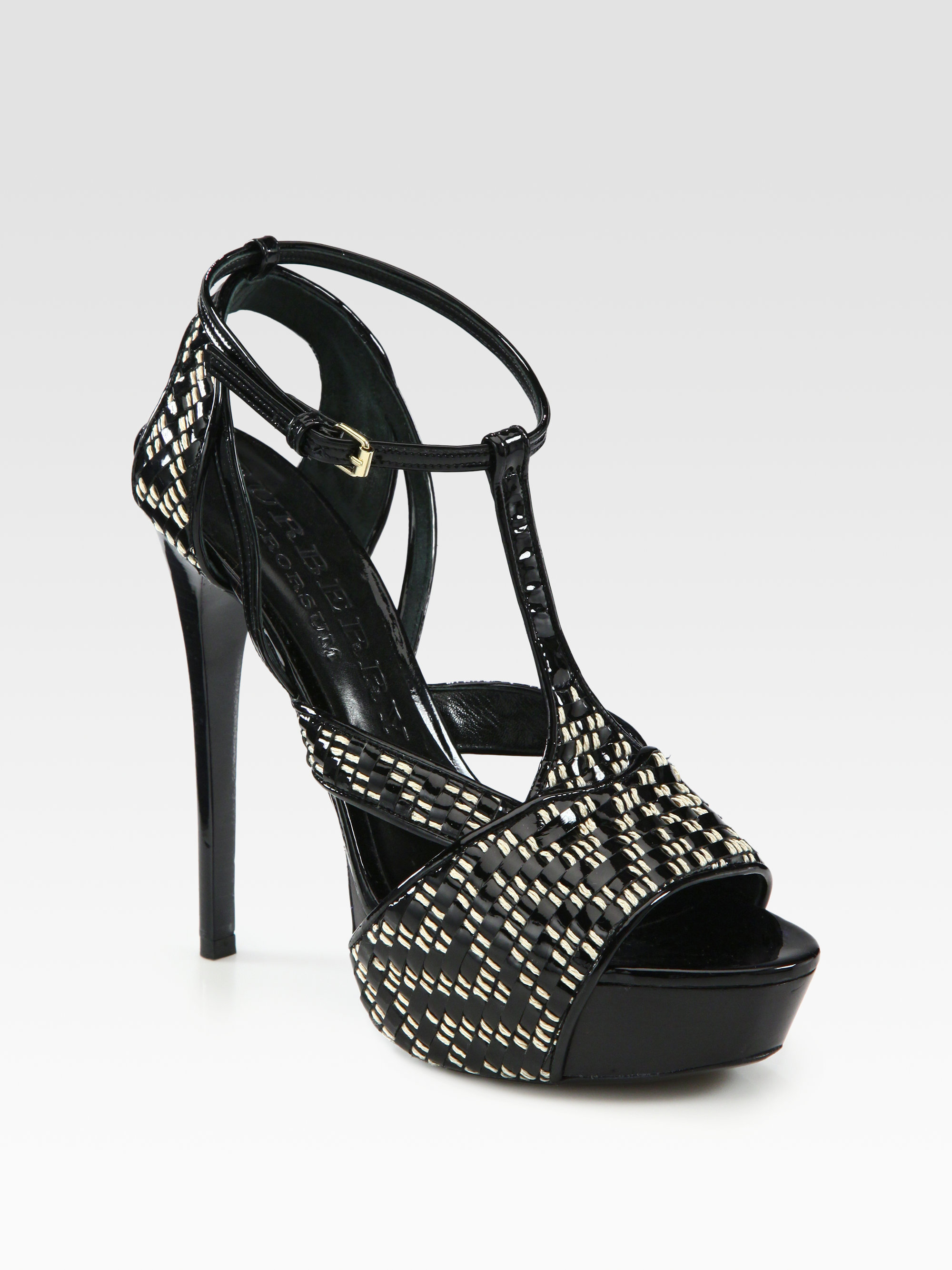 Burberry prorsum Patent Tweed T-strap Platform Sandals in Black | Lyst