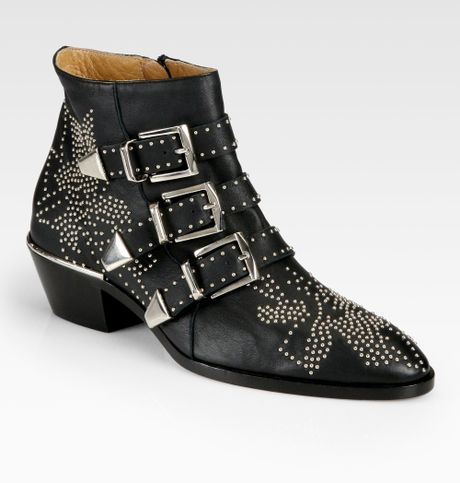 Chloé Suzanna Studded Leather Buckle Ankle Boots in Black | Lyst