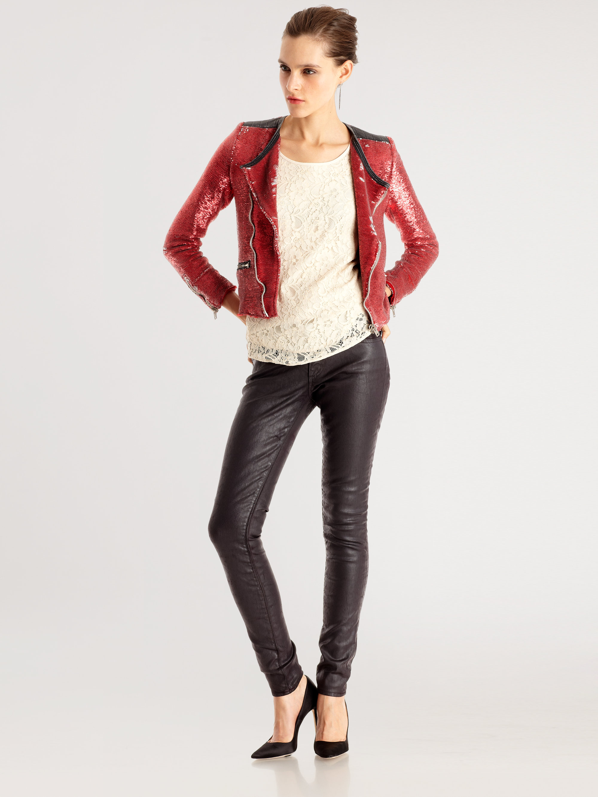 Iro Longina Sequin Motorcycle Jacket in Red | Lyst
