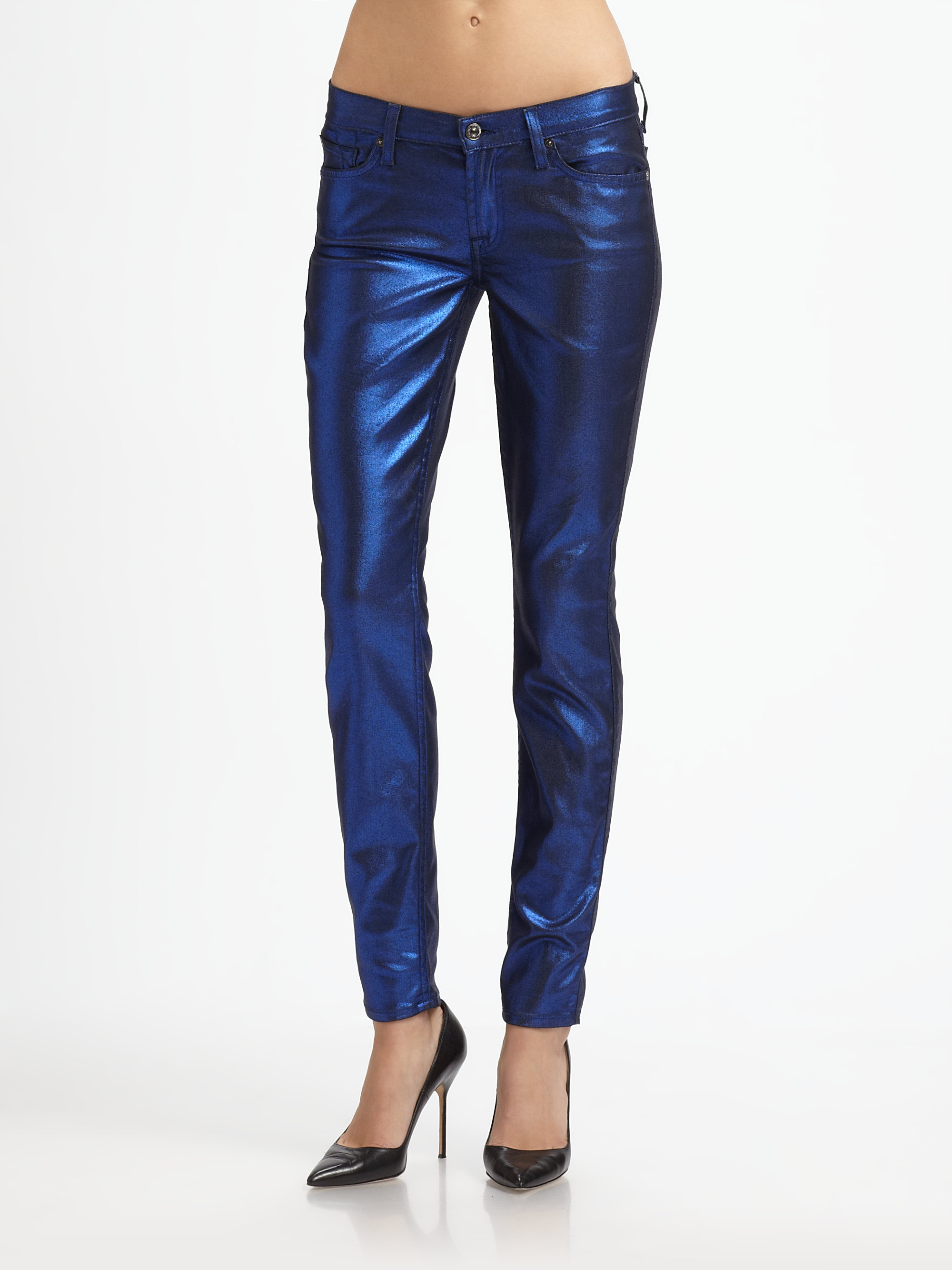 Lyst - 7 For All Mankind Liquid Metallic Skinny Jeans in Blue