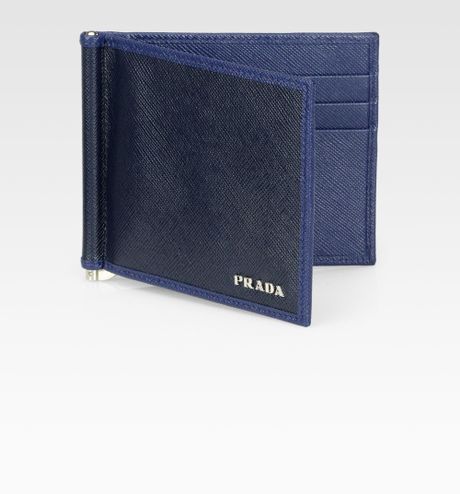 Prada Saffiano Leather Money Clip Wallet in Blue | Lyst