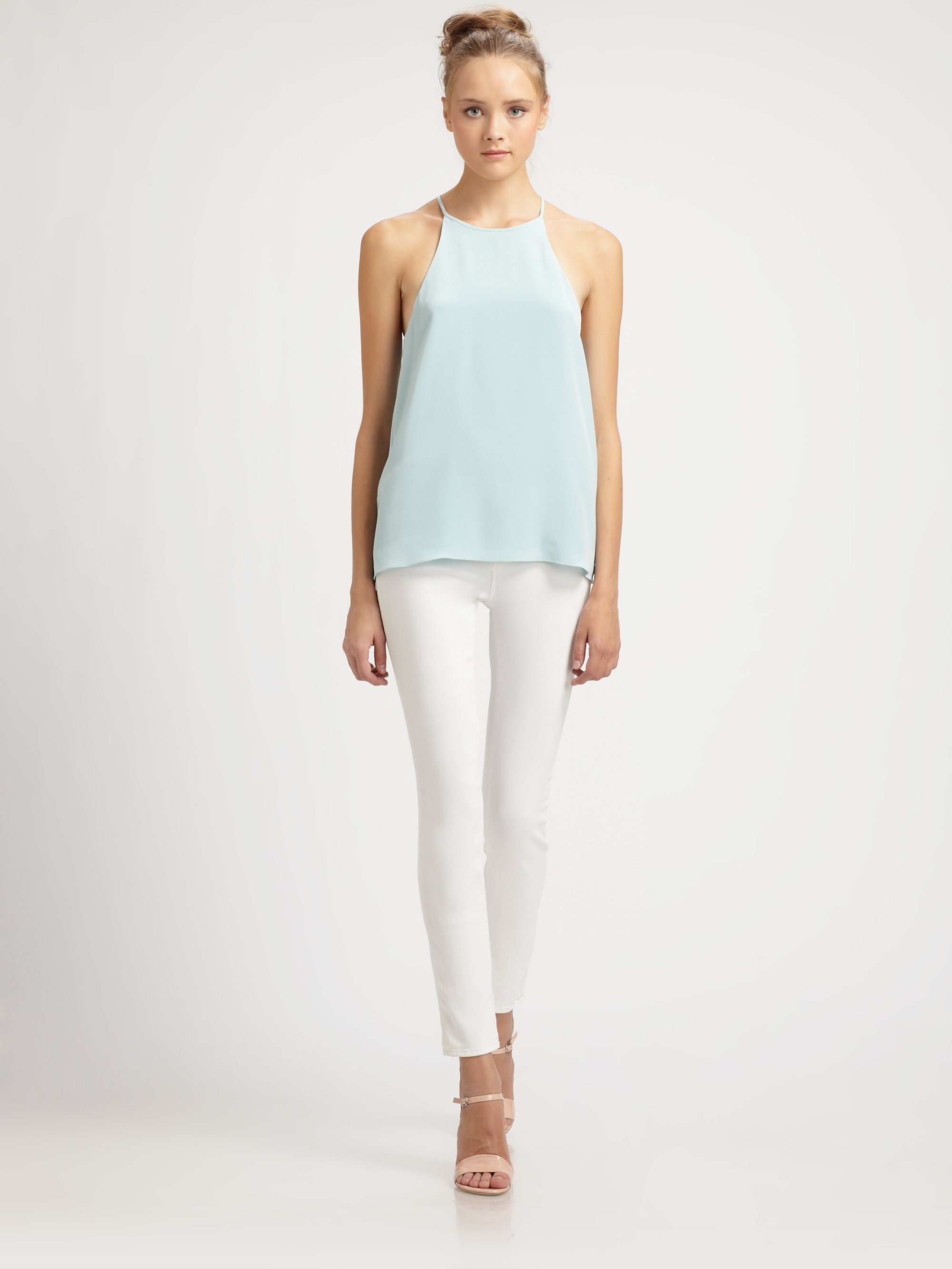 Tibi Solid Silk Halter Top in Blue Lyst