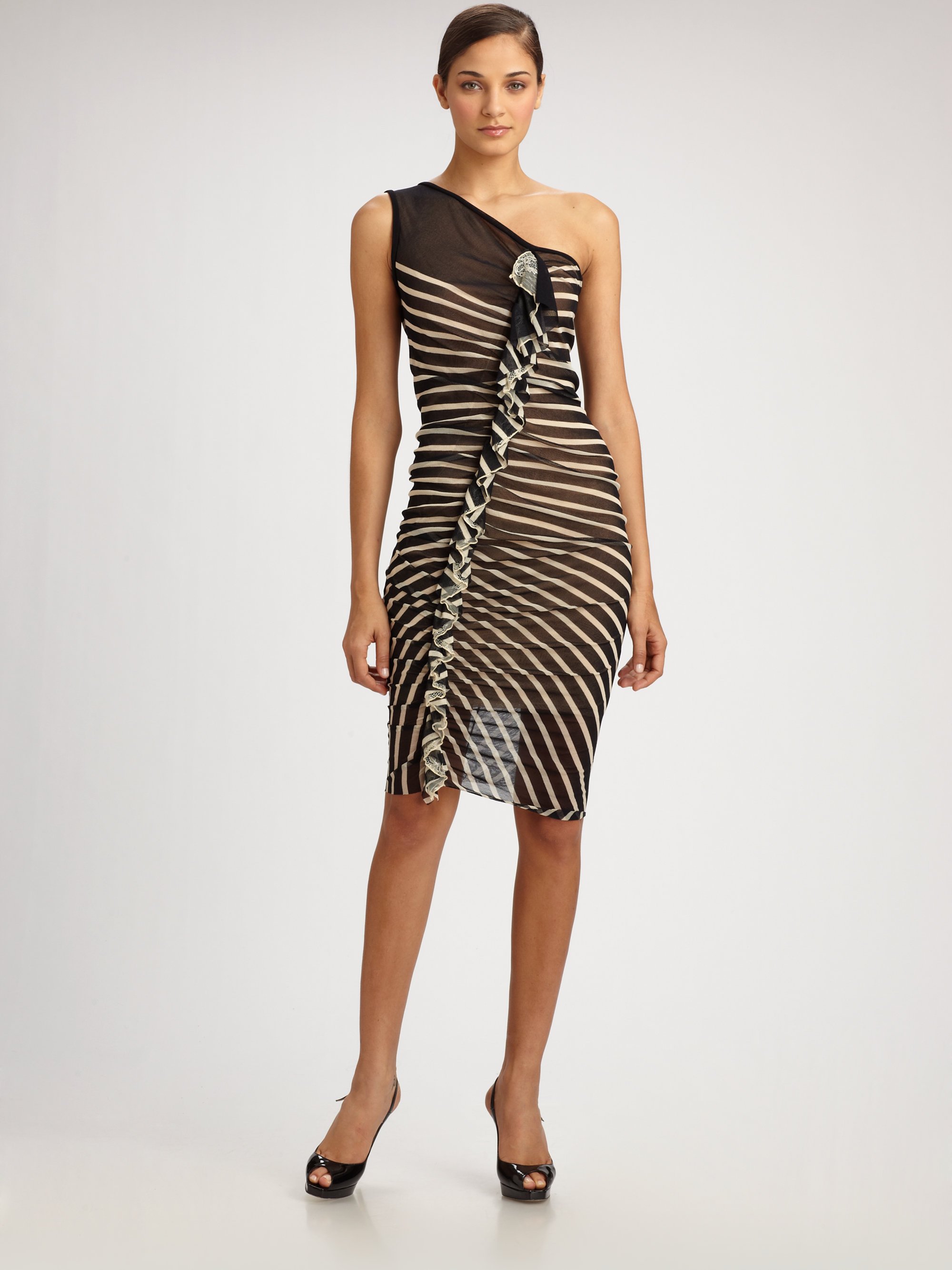 Jean paul gaultier Stripe Ruffle One Shoulder Dress in Brown Lyst