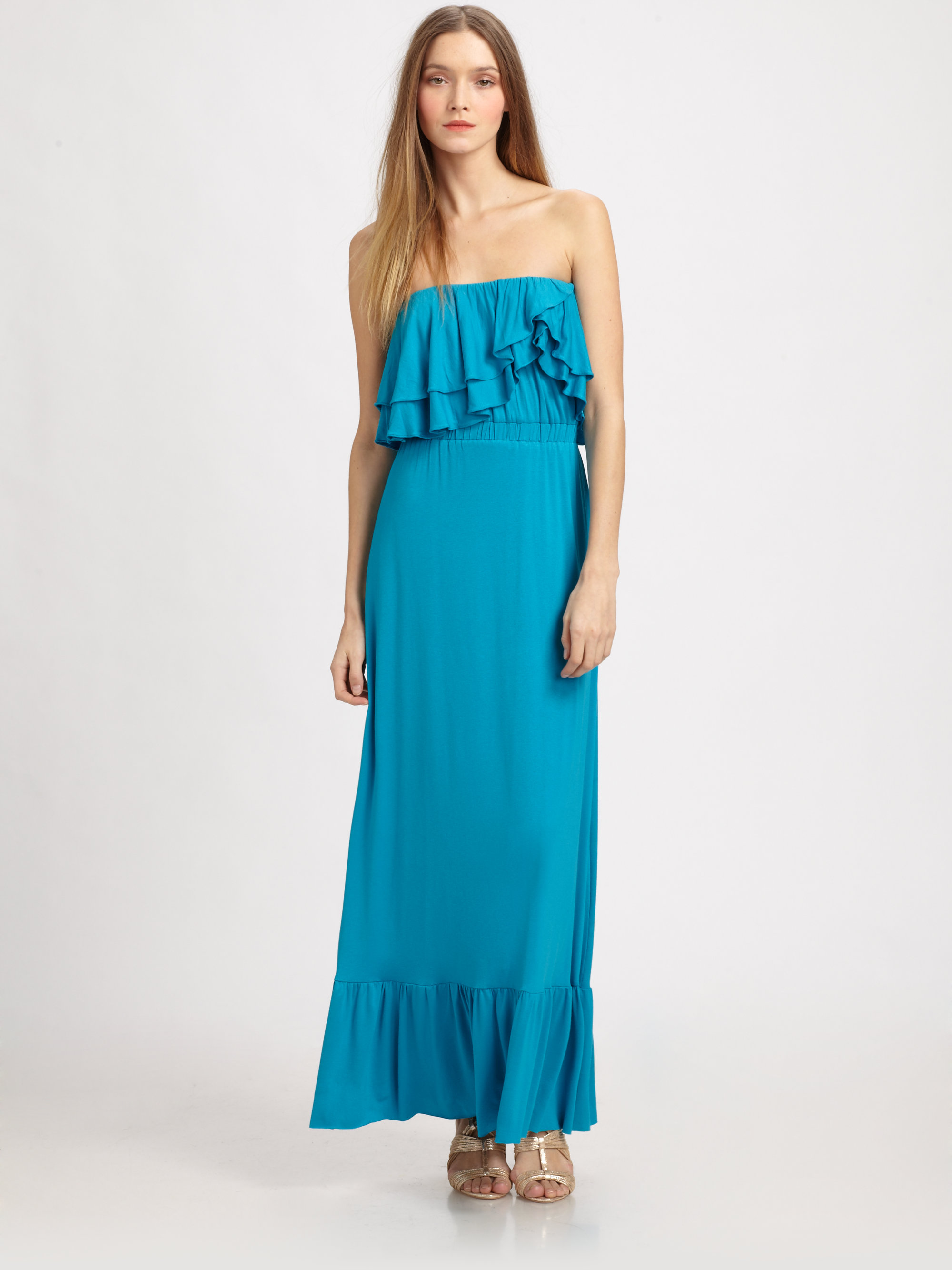 Lyst - T-Bags Strapless Ruffled Maxi Dress in Blue