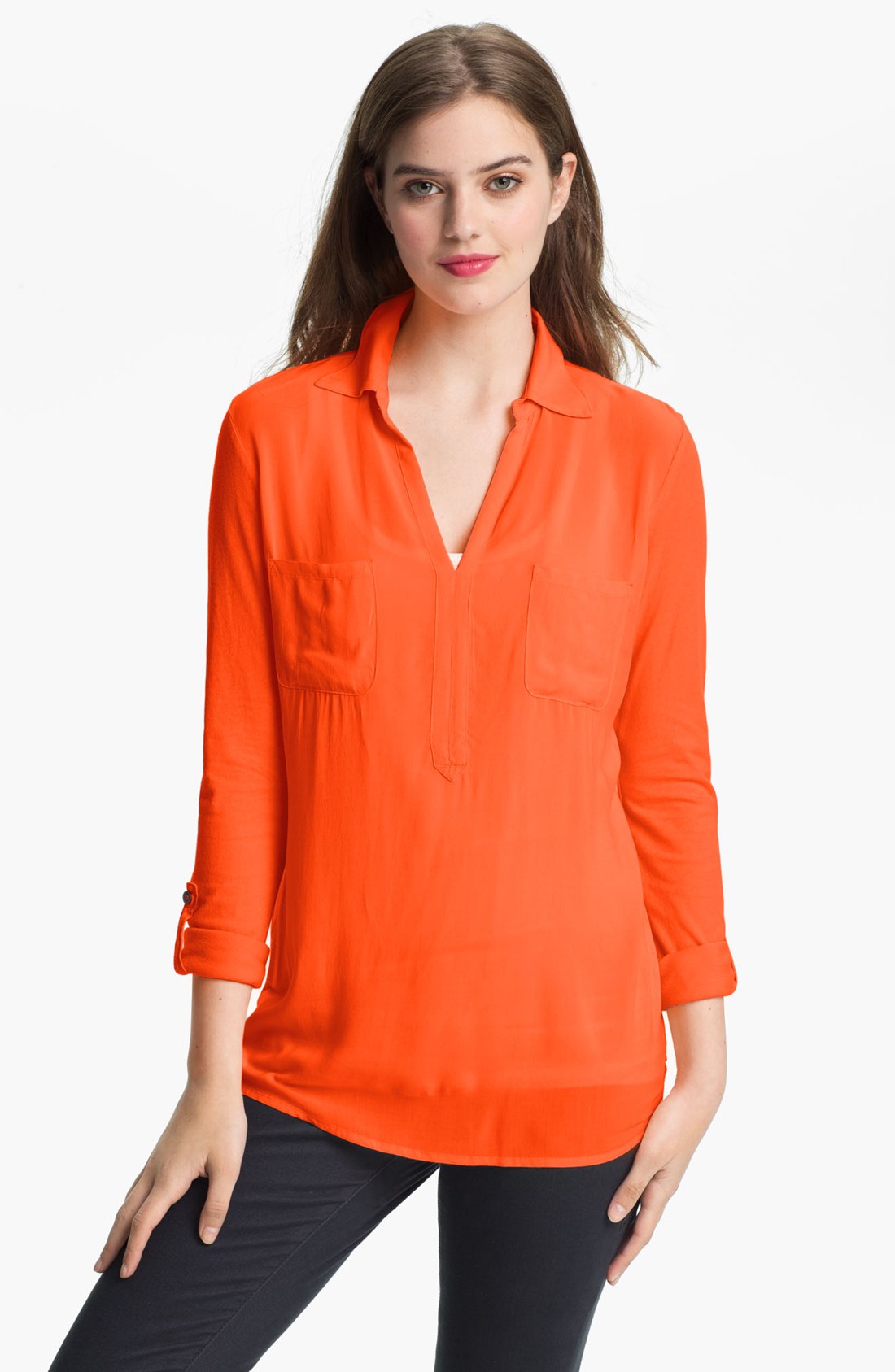 Two By Vince Camuto Mixed Media Shirt in Orange (fiery orange) | Lyst