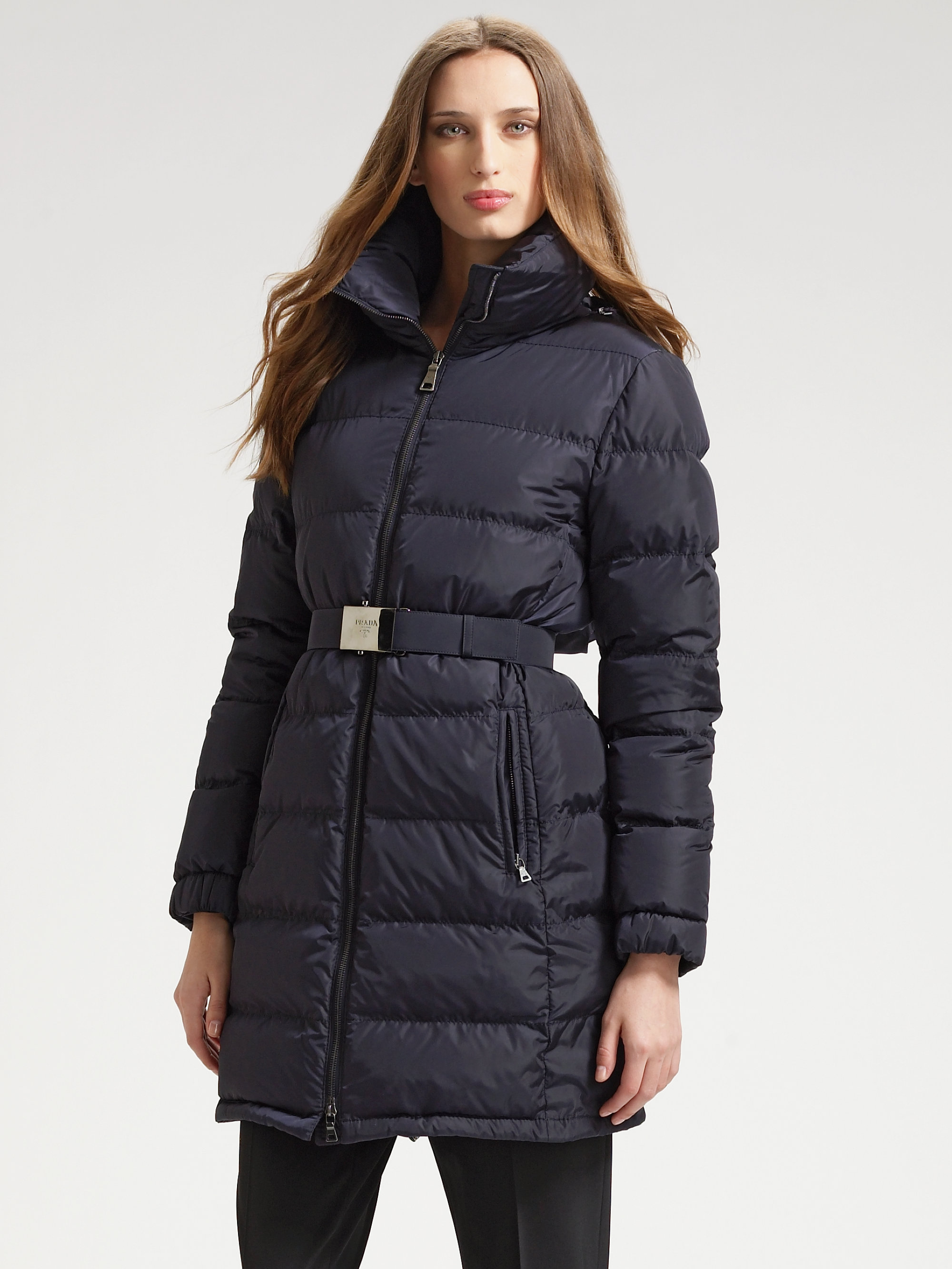 Prada Quilted Belted Down Jacket in Black | Lyst