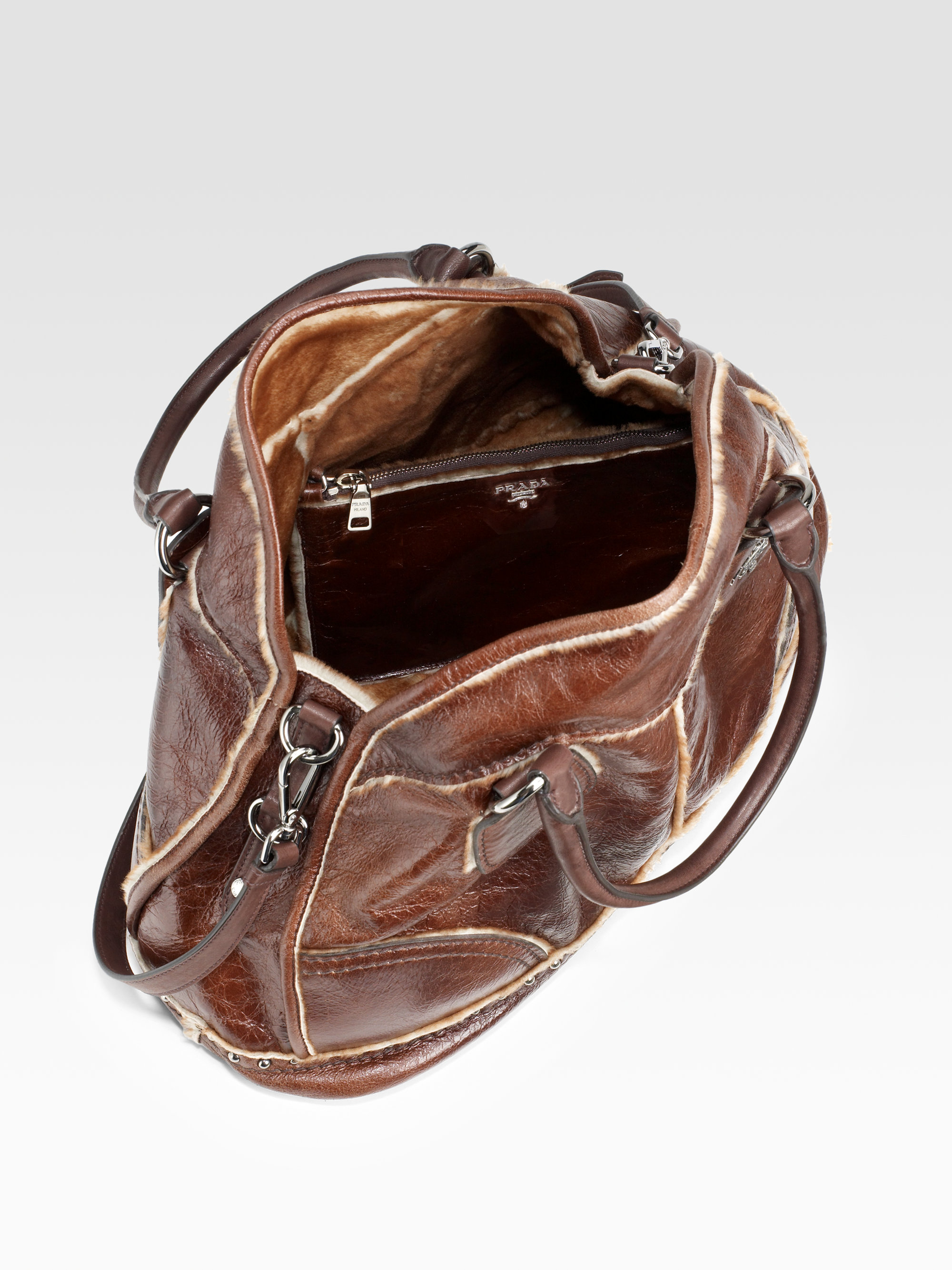 prada clutch black - Prada Shearling Bowler Bag in Brown (tobacco) | Lyst
