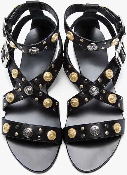 Versace Black Leater Studded Flat Sandals in Black | Lyst