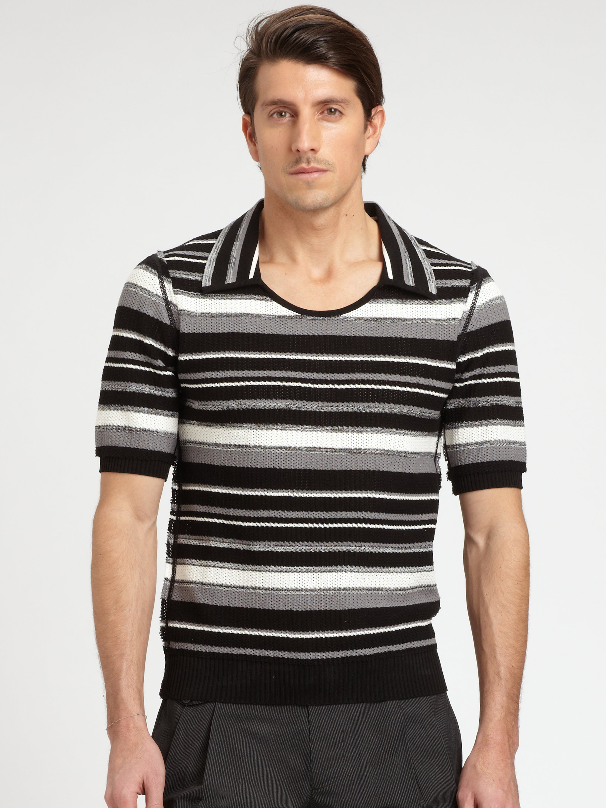 dolce gabbana striped knit cotton polo shirt in black dolce gabbana striped knit cotton polo shirt in black