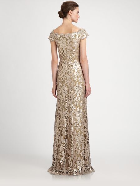 Tadashi Shoji Offtheshoulder Sequined Lace Gown in Gold (ginseng) | Lyst