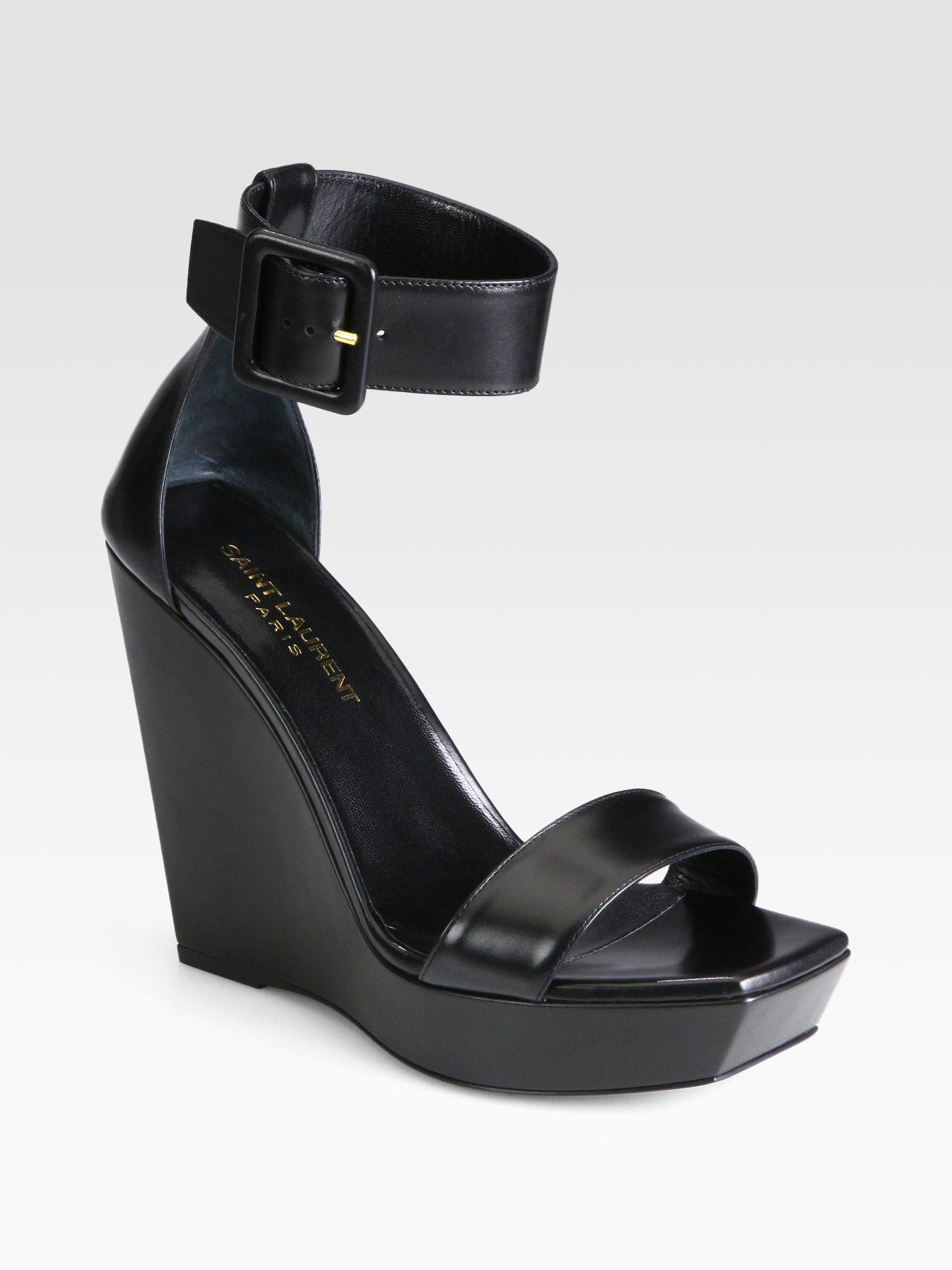 Lyst - Saint Laurent Leather Ankle Strap Wedge Sandals in Black