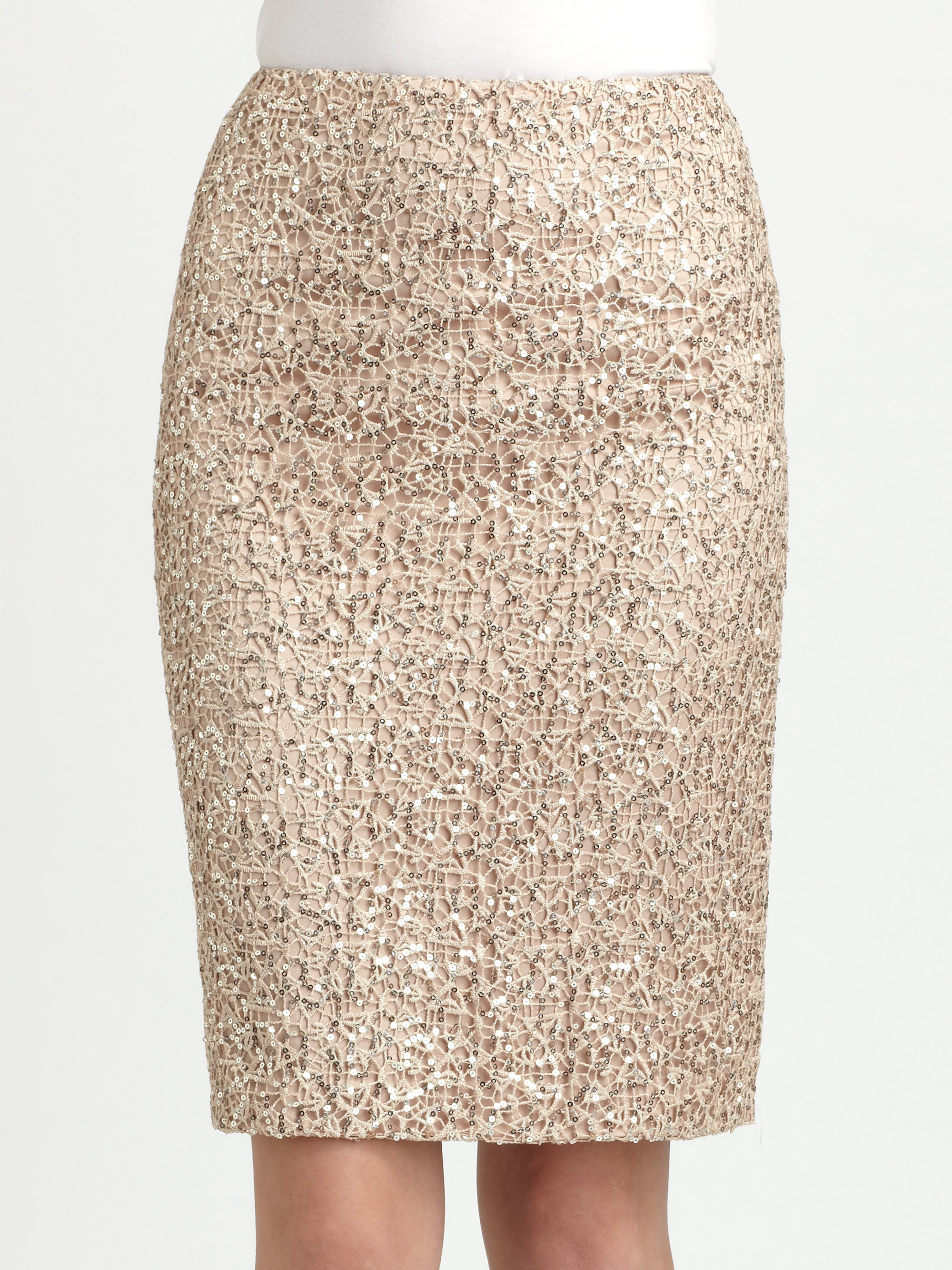 Kay unger Sequined Lace Pencil Skirt in Natural | Lyst