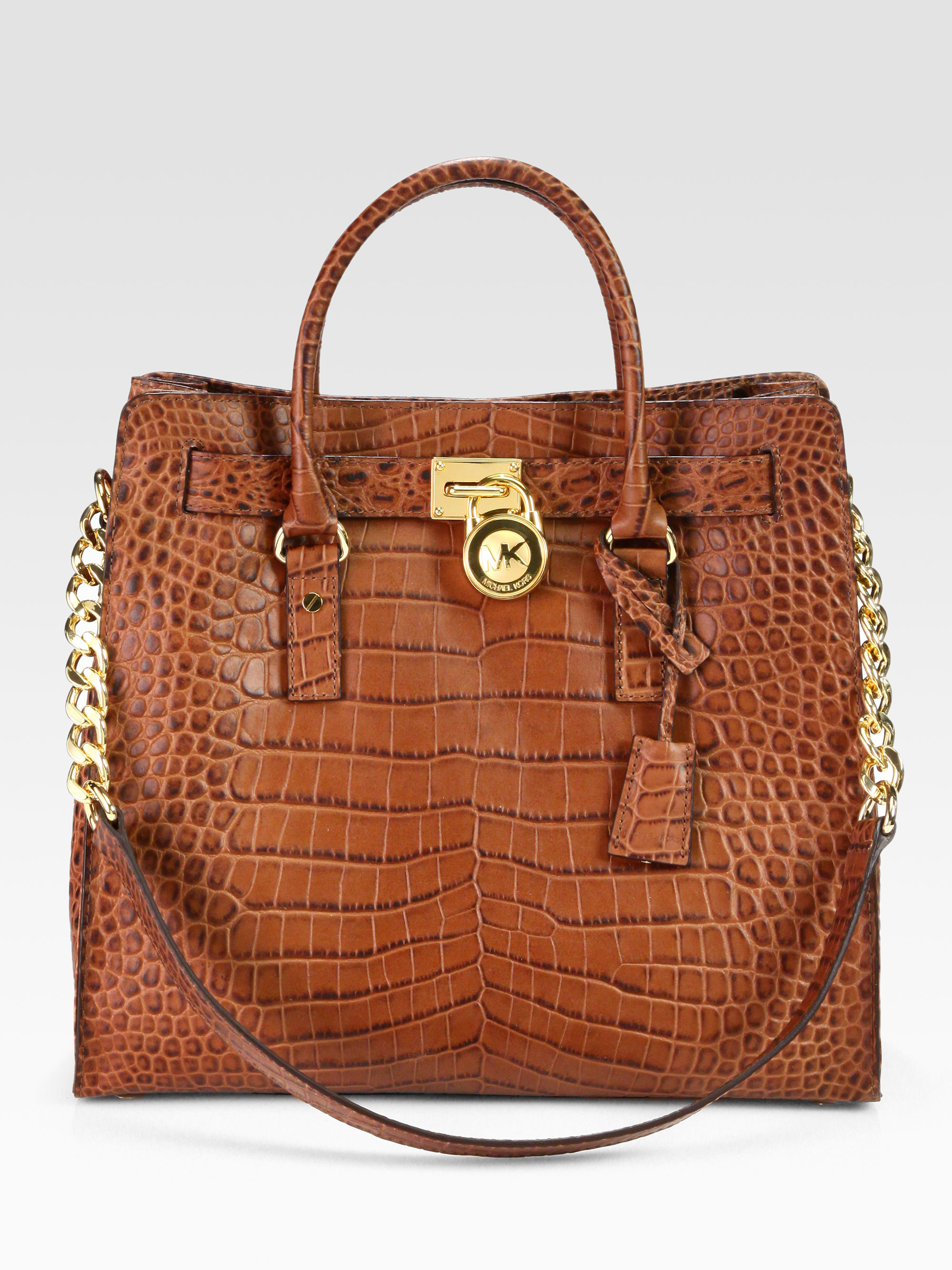 eva large logo and studded crocodile embossed leather tote bag