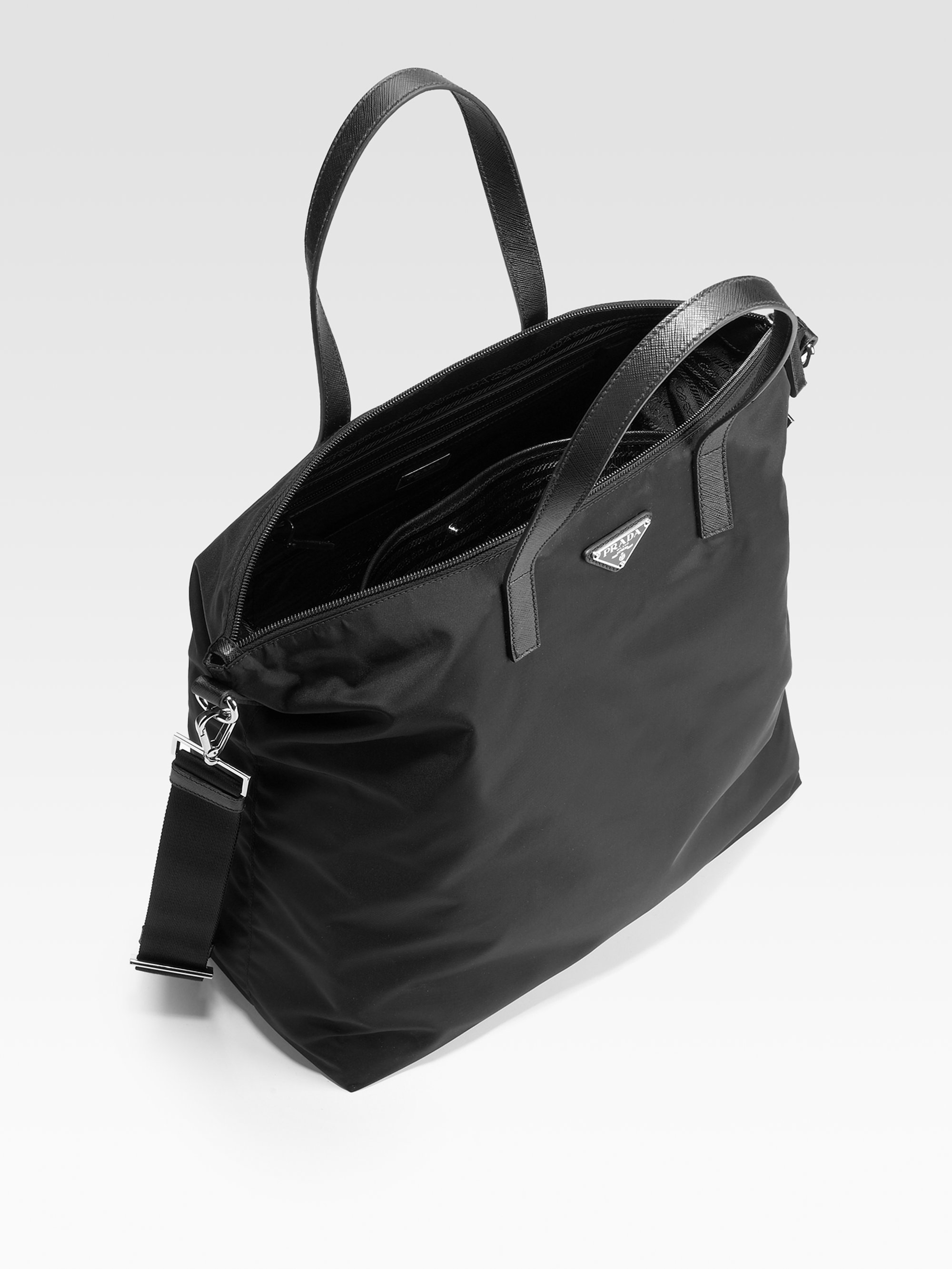 Prada Nylon \u0026amp; Leather Tote Bag in Black for Men | Lyst  