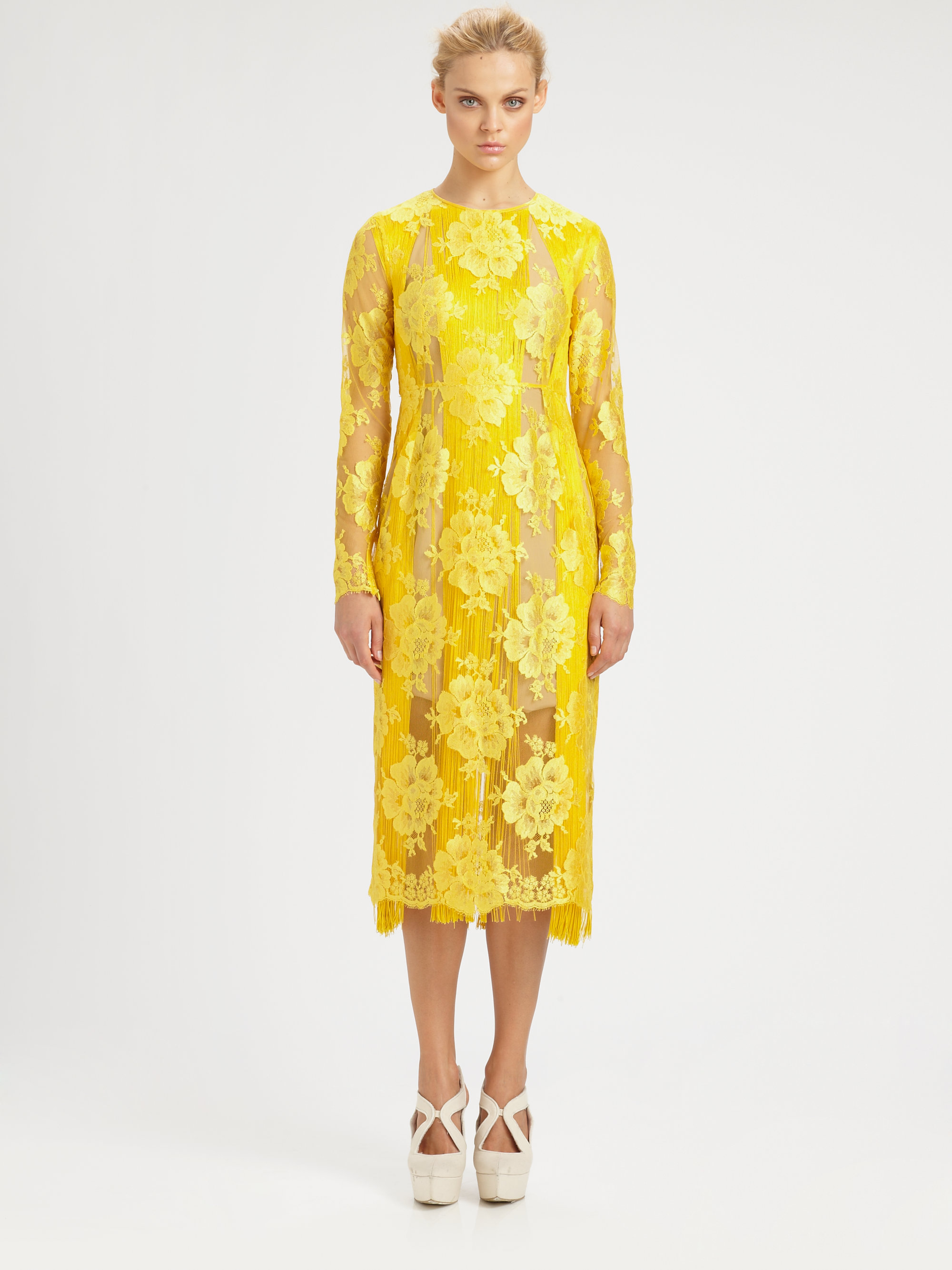 Stella Mccartney Fringetrimmed Lace Dress in Yellow (lemon) | Lyst
