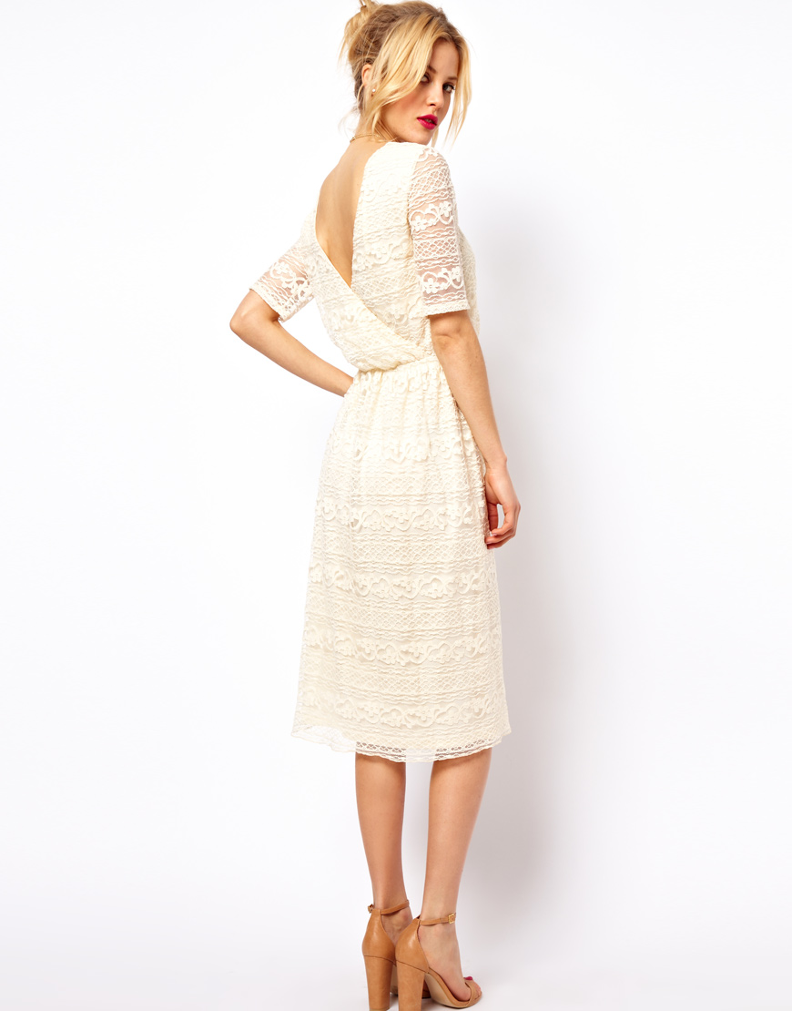  Asos  Midi Dress  In Lace With Wrap Back in Natural Lyst