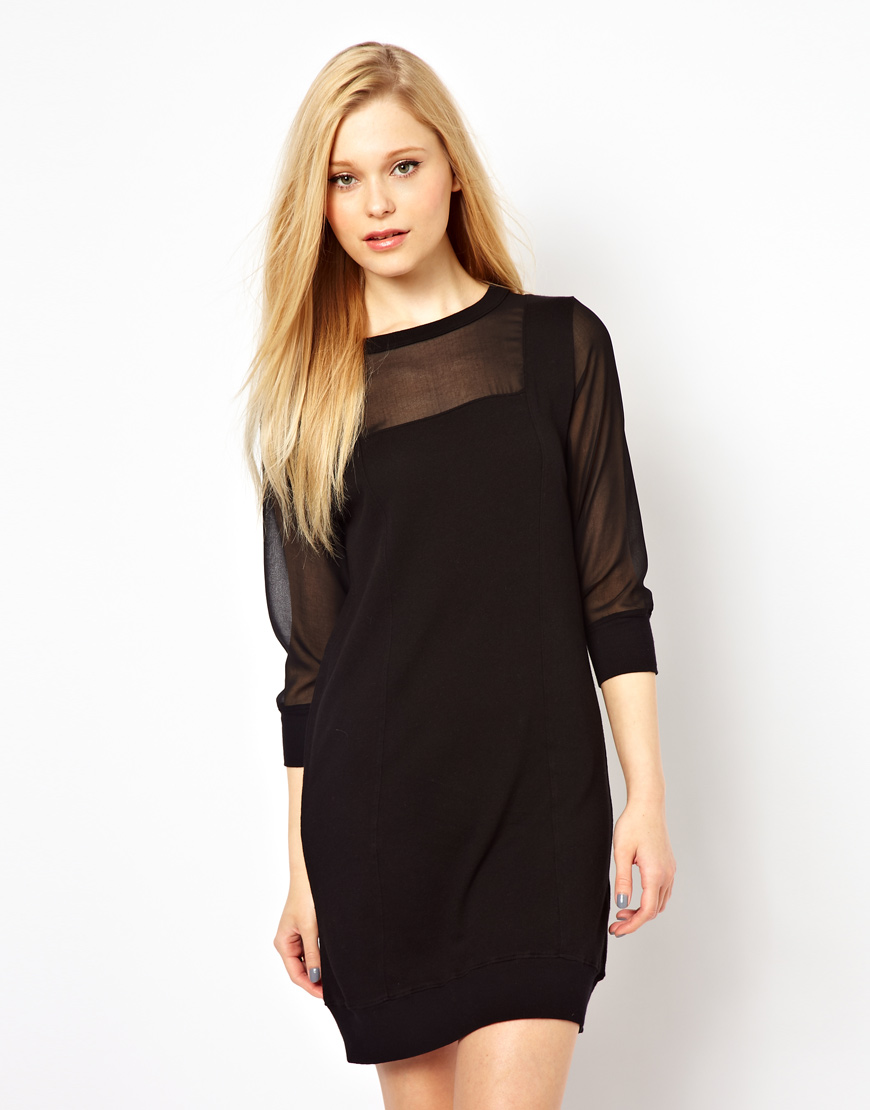 Lyst - French Connection Dress with Sheer Sleeves and Insert Details in ...