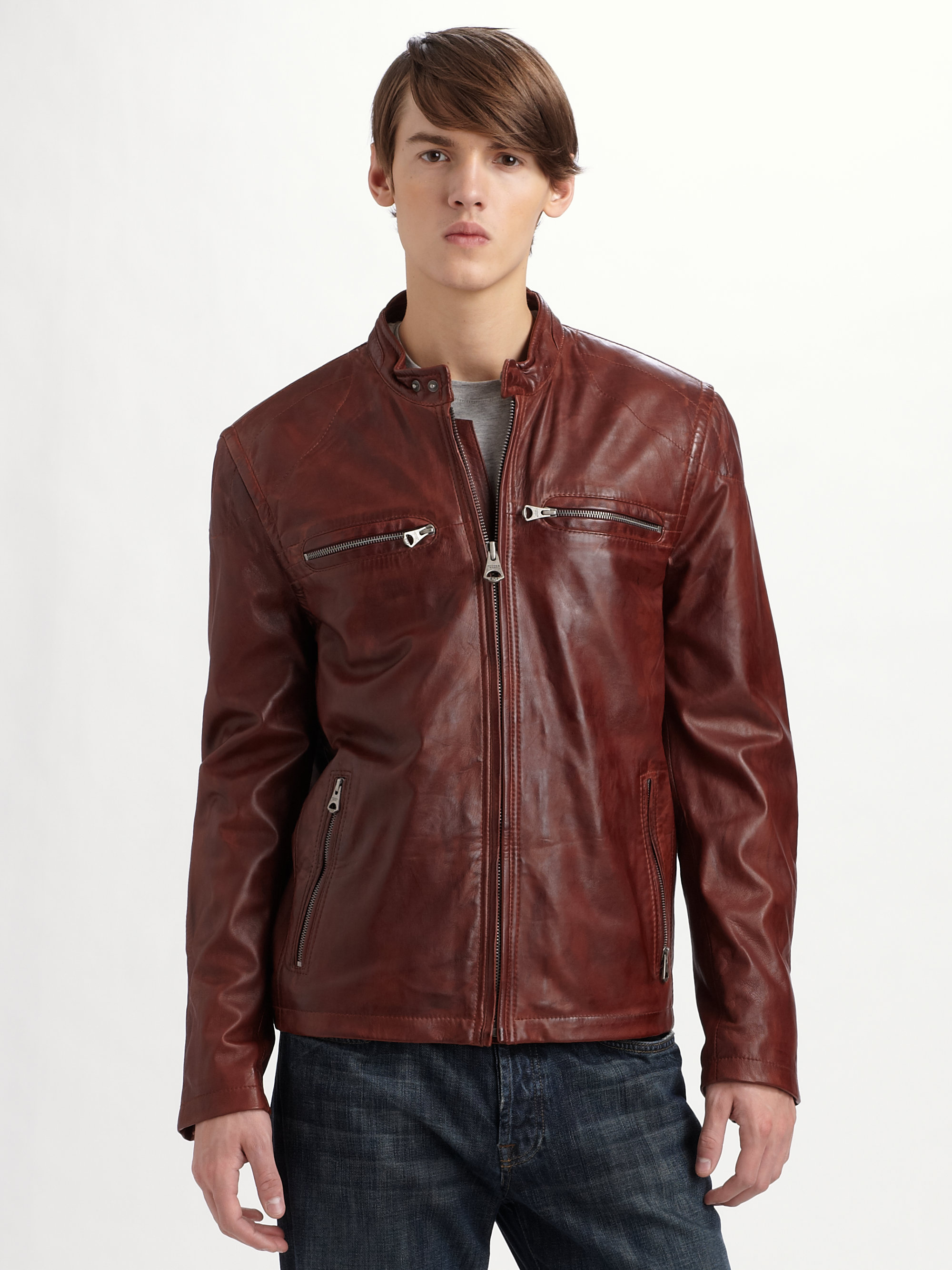 Andrew Marc Che Leather Moto Jacket in Brown for Men (bourbon) | Lyst