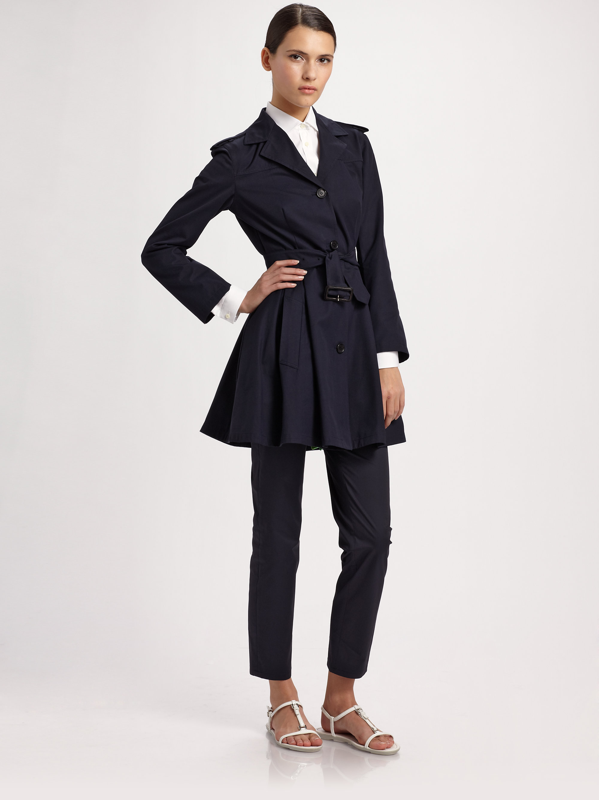 Lyst Prada Flared Belted Trench coat in Blue