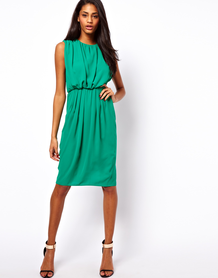 Lyst - Asos Midi Dress with Drape Front in Green