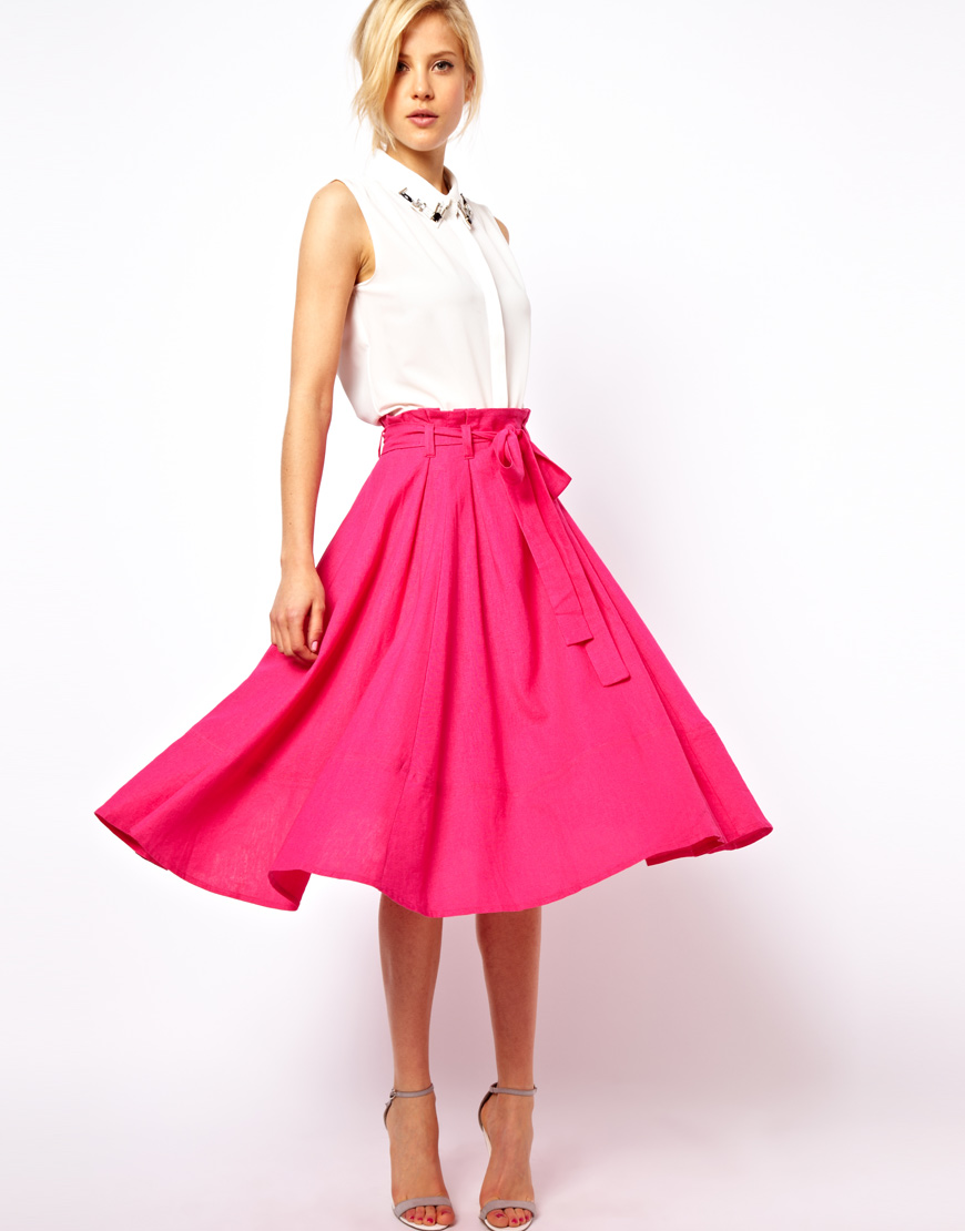 Lyst - Asos Linen Midi Skirt with Belt in Pink