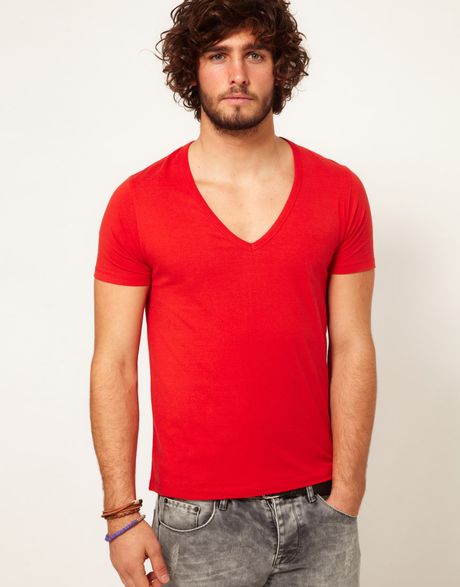 Asos Tshirt with Deep V Neck in Red for Men | Lyst