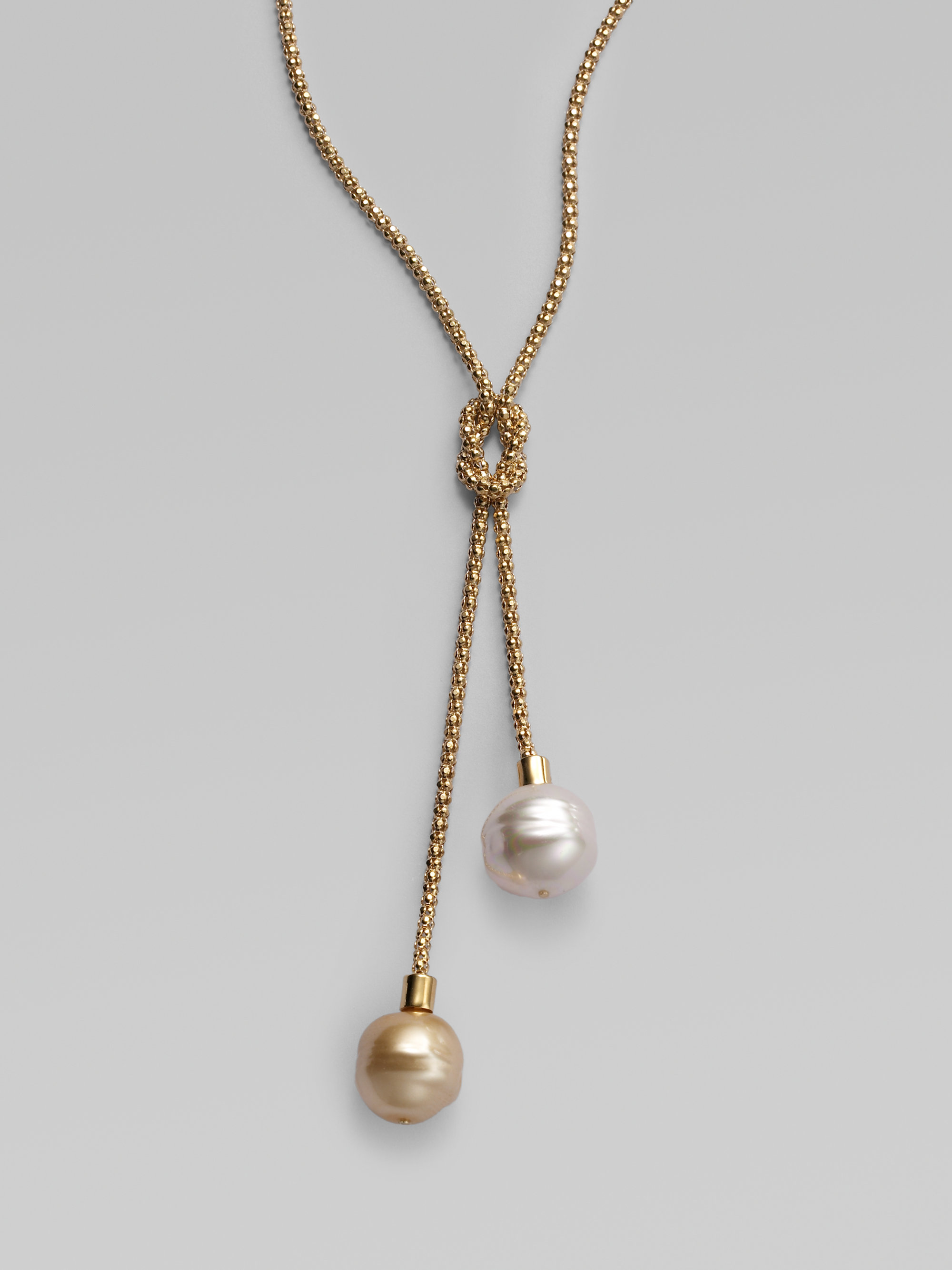 Majorica 14mm White and Champagne Baroque Pearl Lariat Necklace in Gold ...
