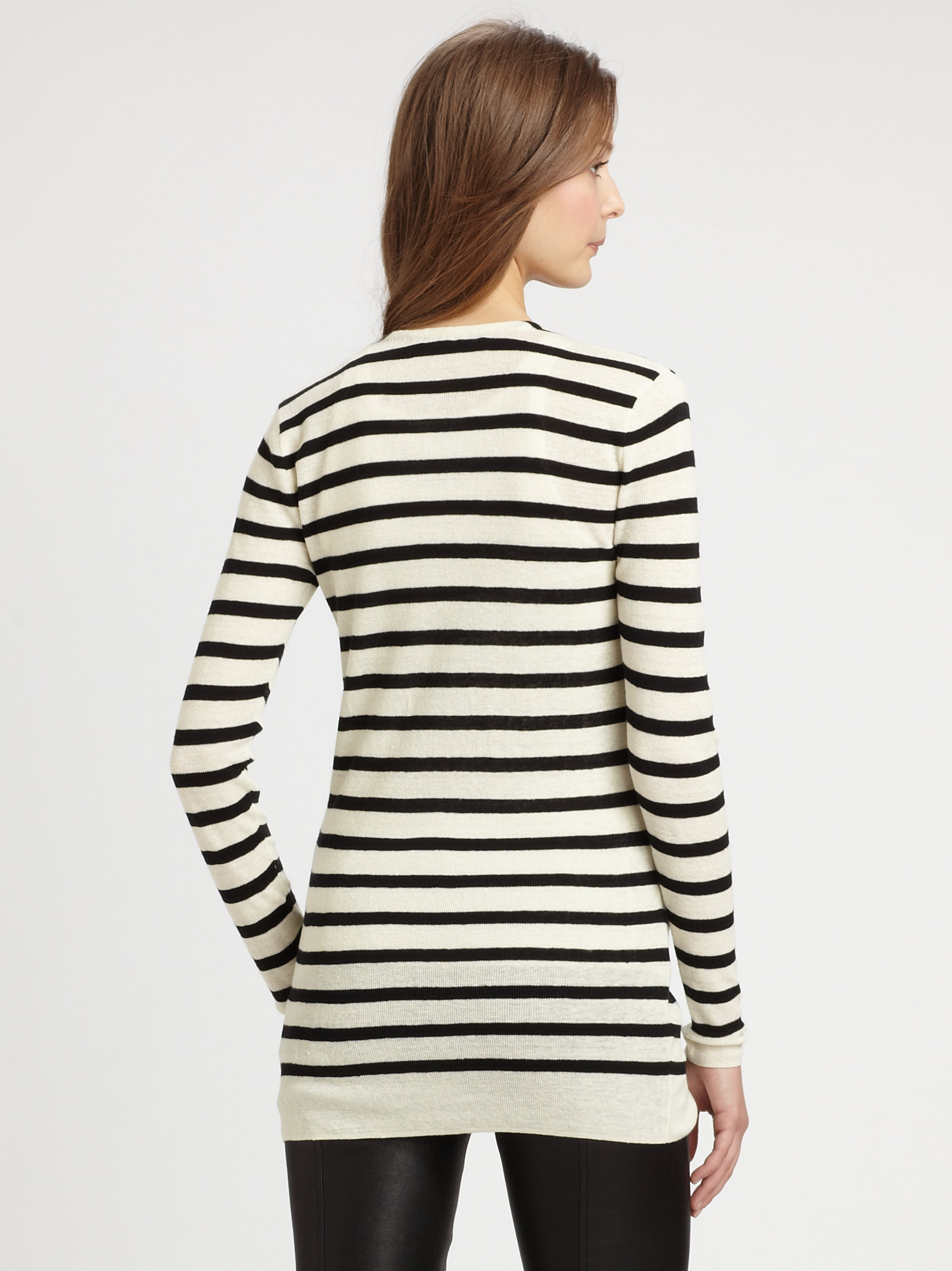 Ralph lauren blue label Ruffletrim Striped Cardigan in Black (cruise cream) | Lyst