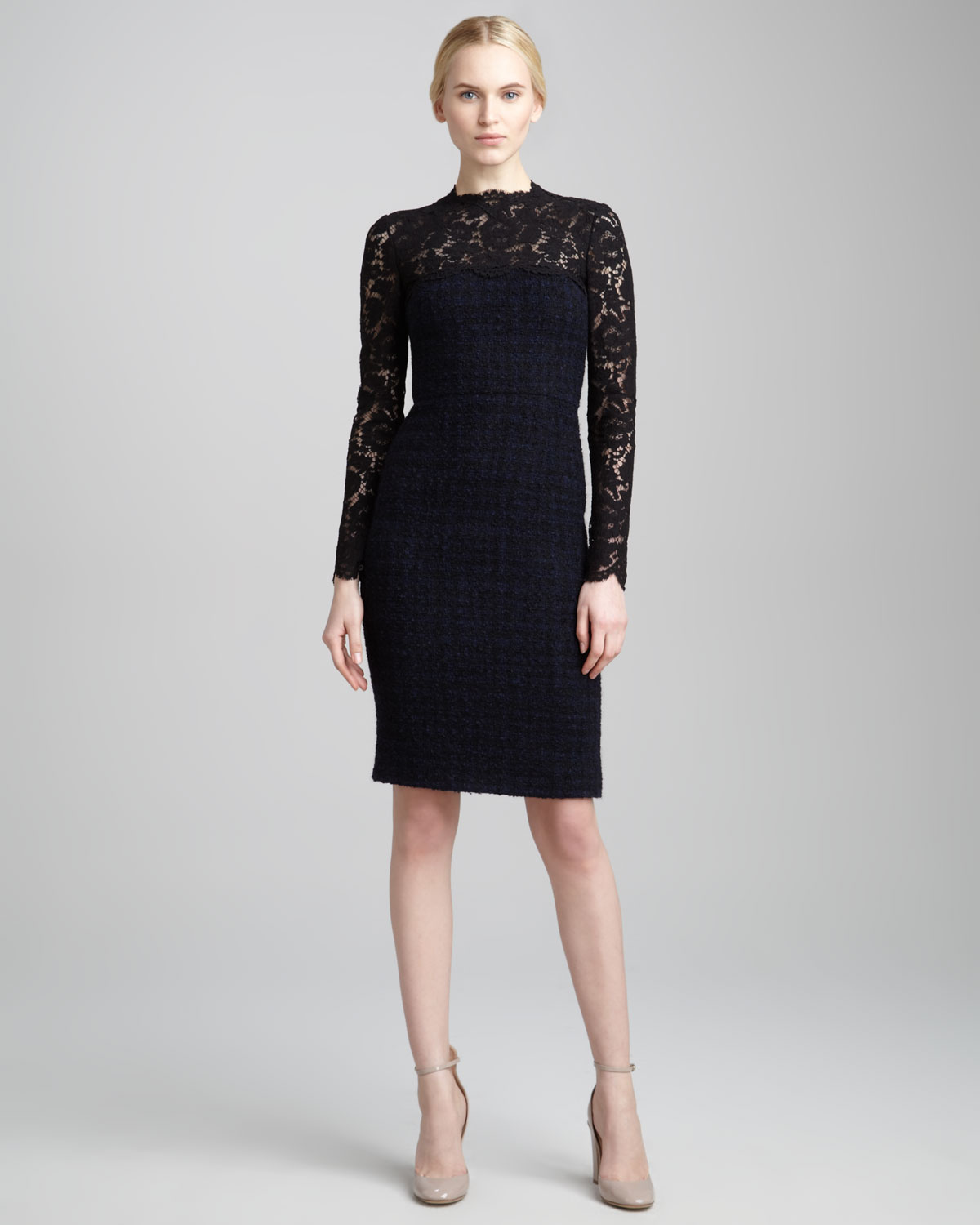 Lyst - Valentino Laceyoke Tweed Boucle Dress in Black