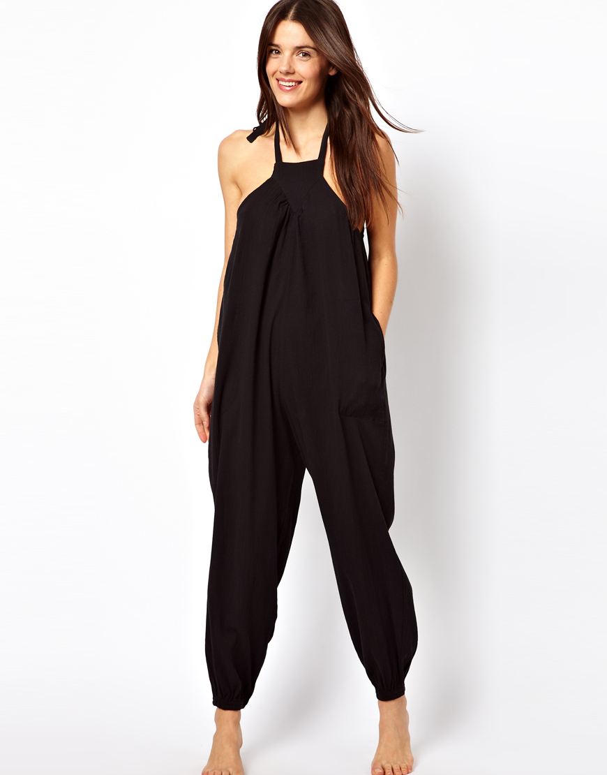 Asos Halter Cheesecloth Beach Jumpsuit In Black Lyst 8650