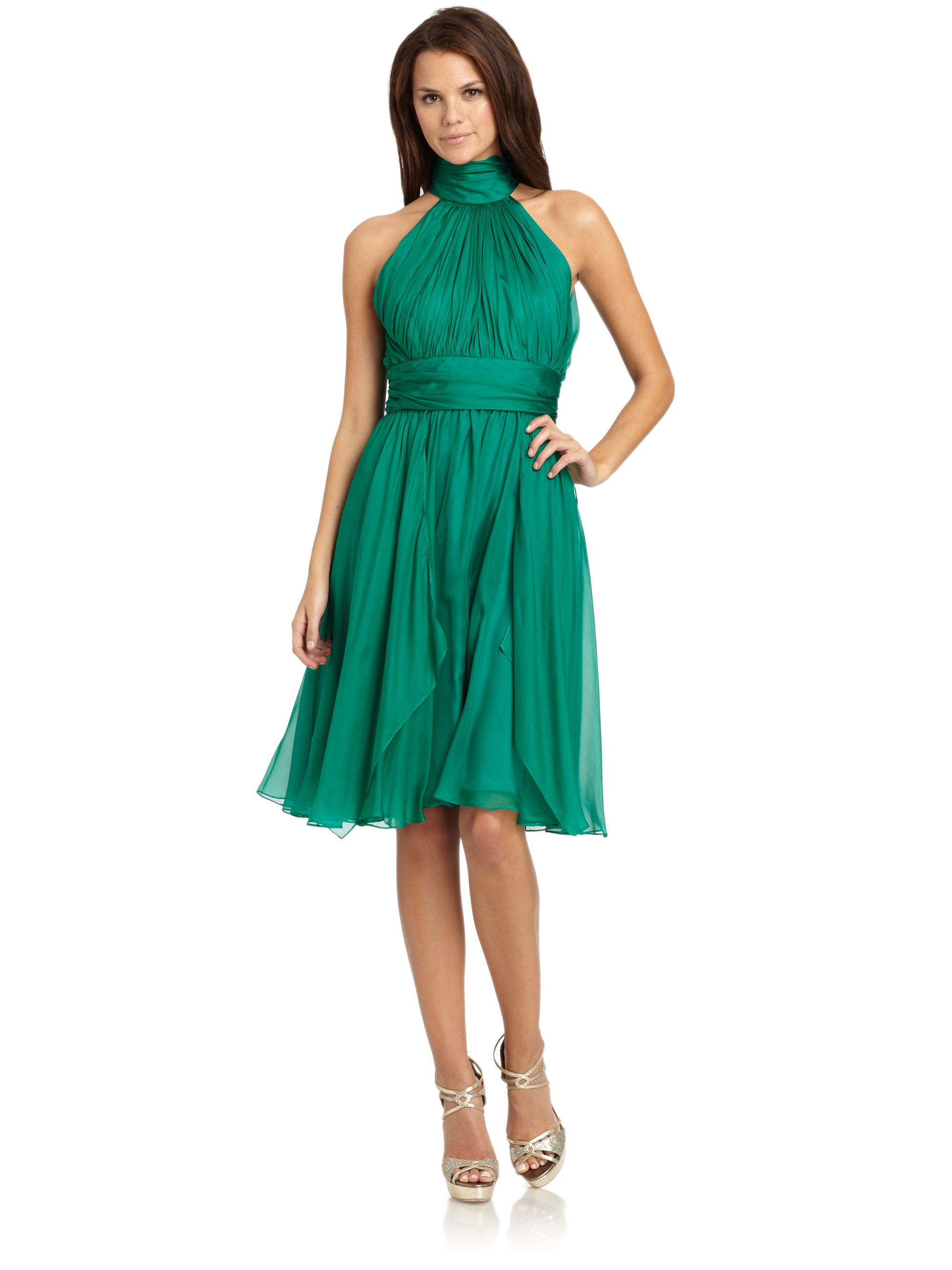 Badgley mischka Chiffon Ruched Halter Dress in Green | Lyst