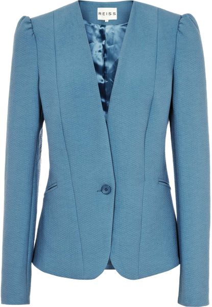Reiss Lolli Plain Collarless Puff Shoulder Jacket in Blue (cornflower ...